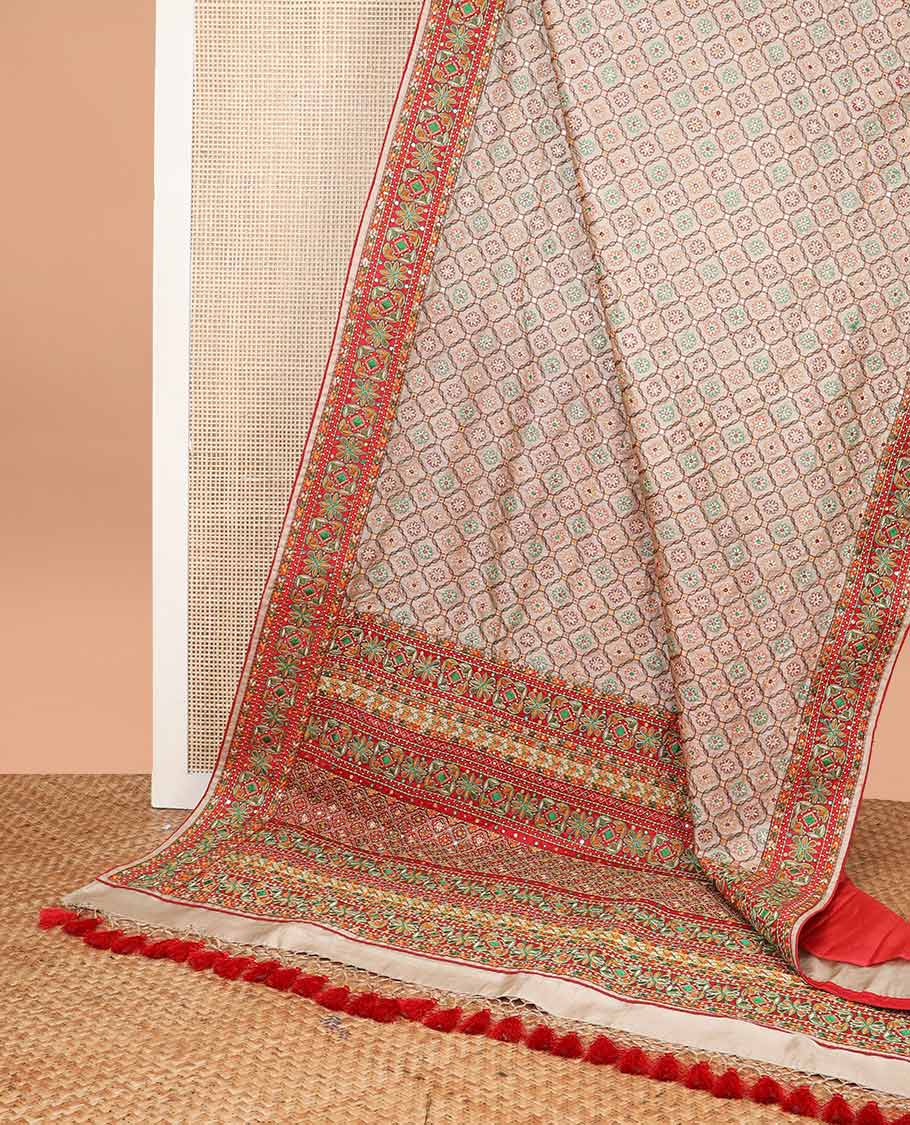 Cream thread embroidery, mirror work tussar silk saree with embroidery border & floral thread embroidery pallu - Image 2