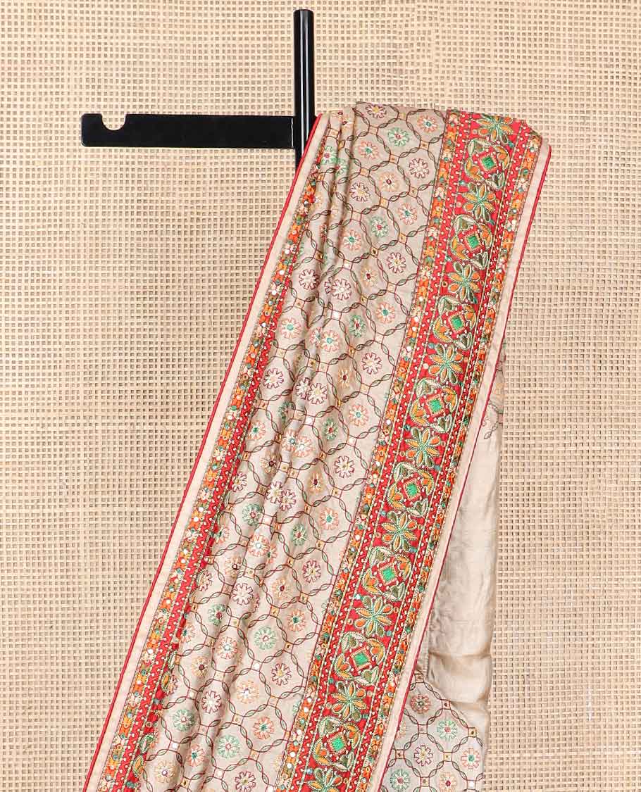 Cream thread embroidery, mirror work tussar silk saree with embroidery border & floral thread embroidery pallu - Image 3