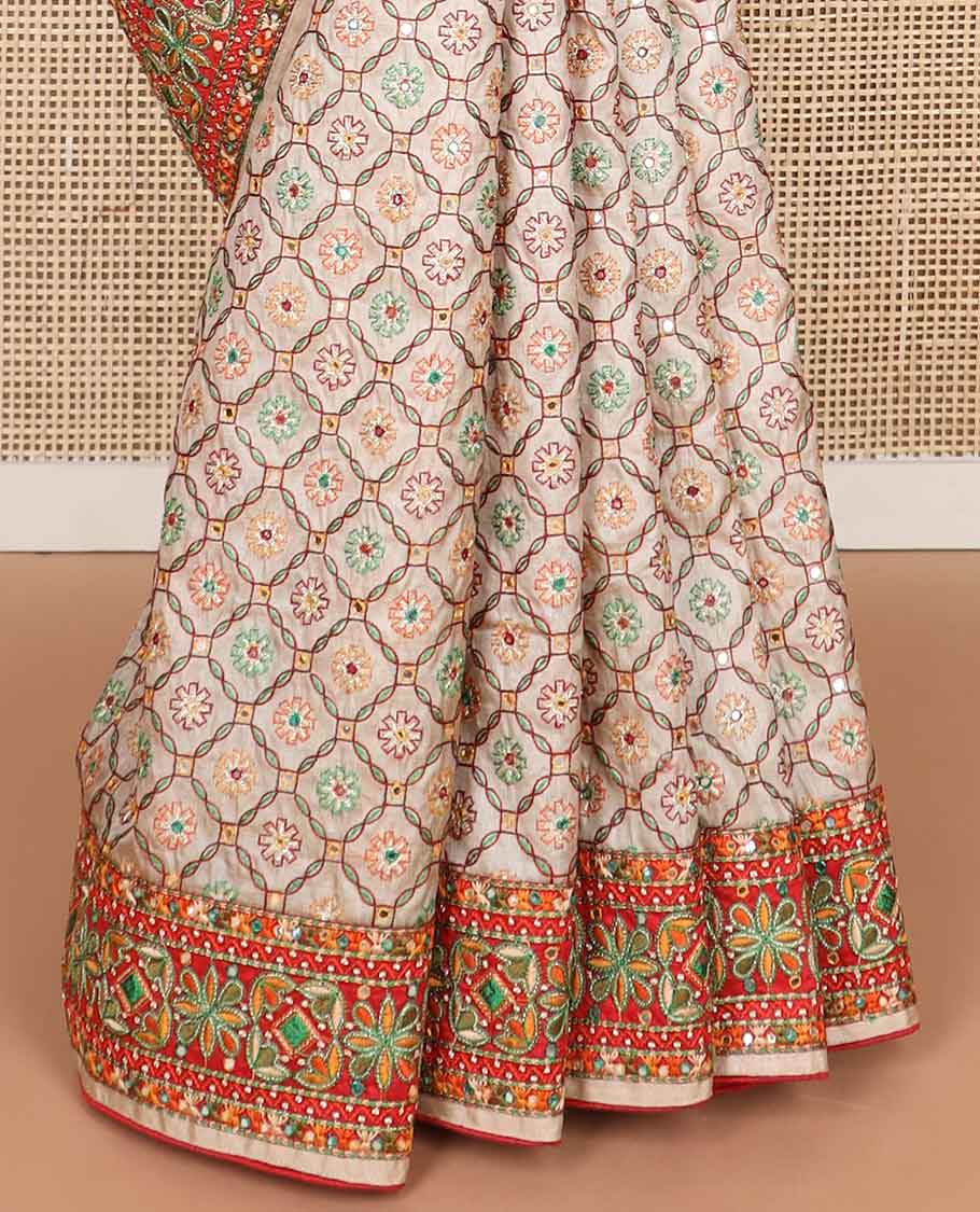 Cream thread embroidery, mirror work tussar silk saree with embroidery border & floral thread embroidery pallu - Image 4