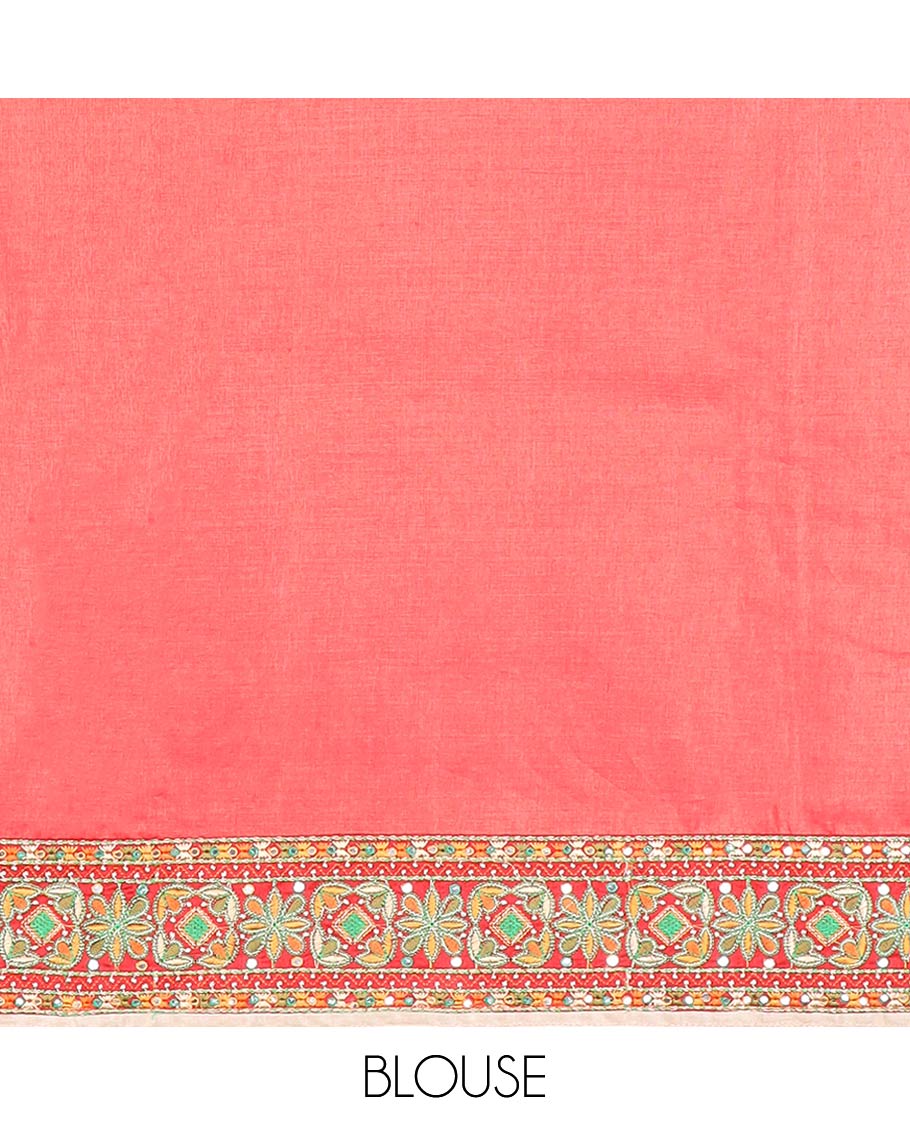 Cream thread embroidery, mirror work tussar silk saree with embroidery border & floral thread embroidery pallu - Image 5