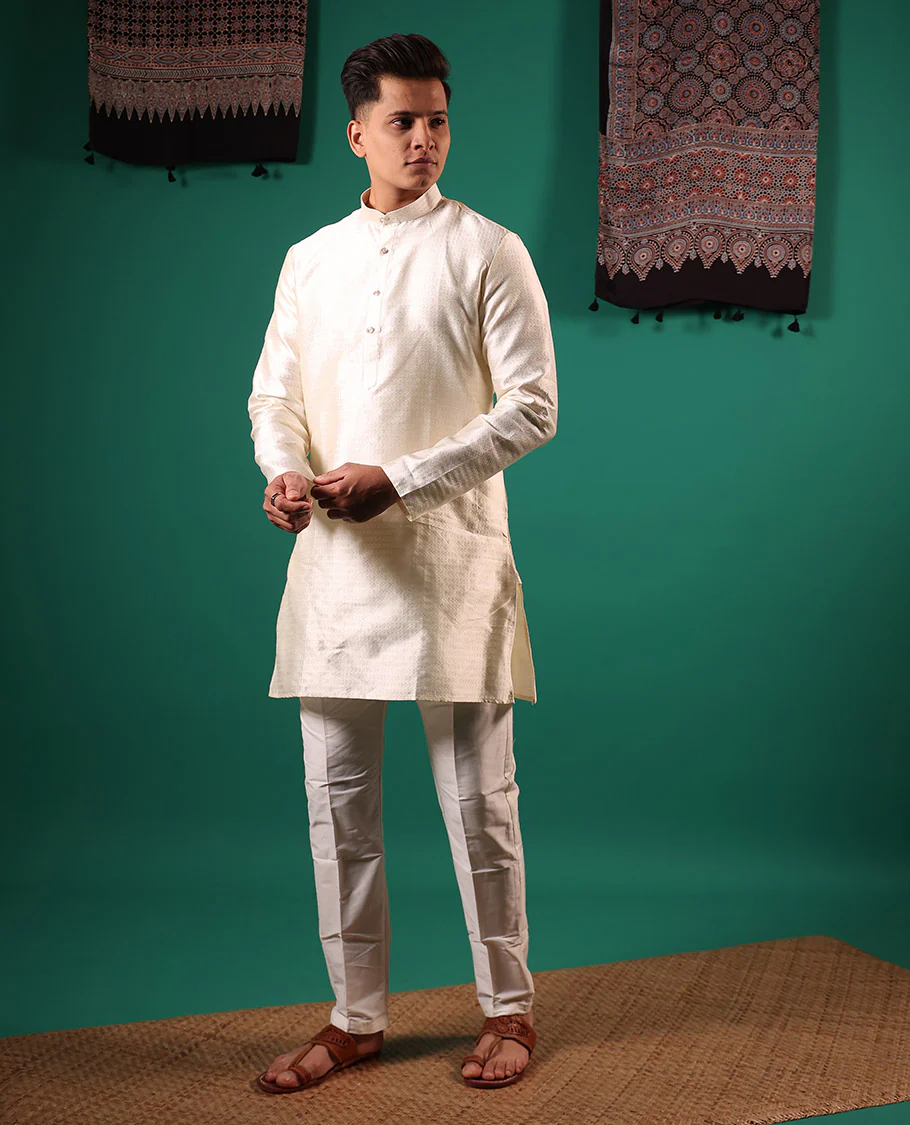 Cream unique patterns embossed full-sleeved men's kurta set