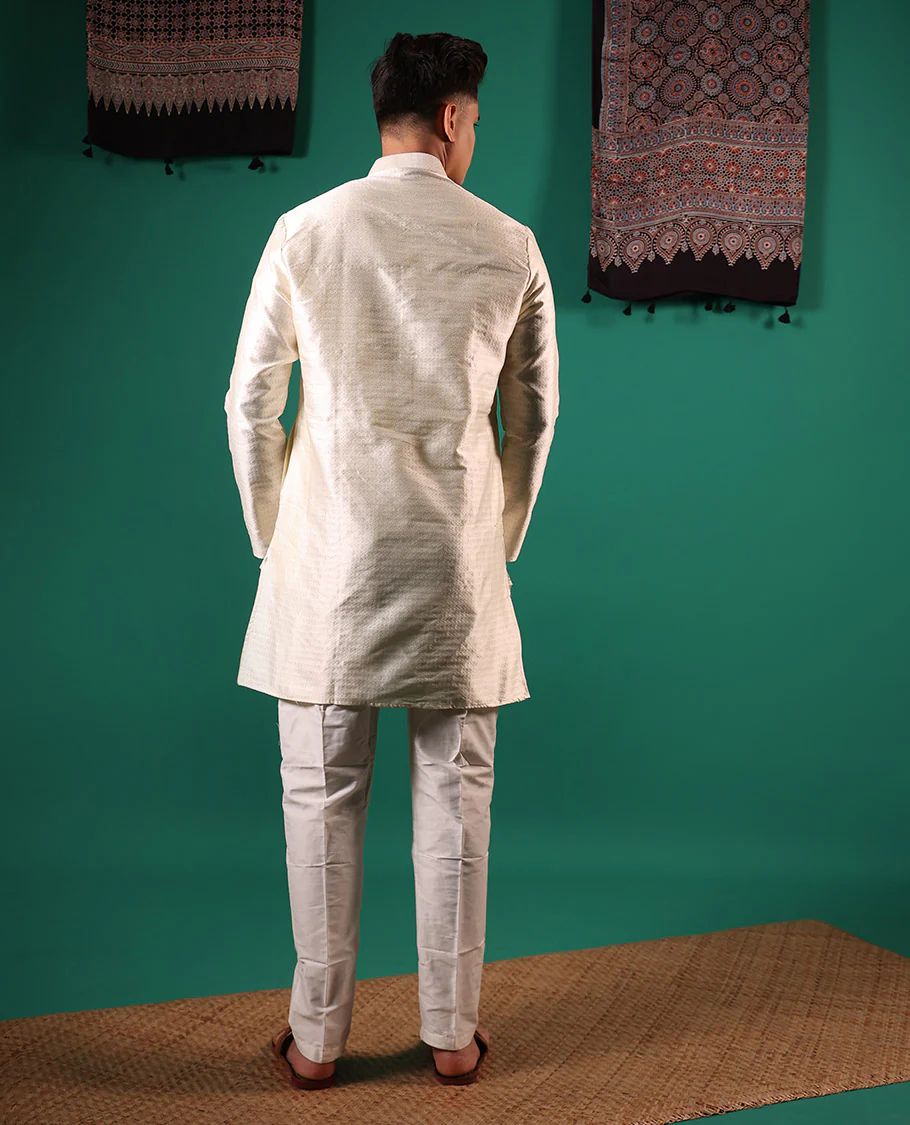 Cream unique patterns embossed full-sleeved men's kurta set - Image 2