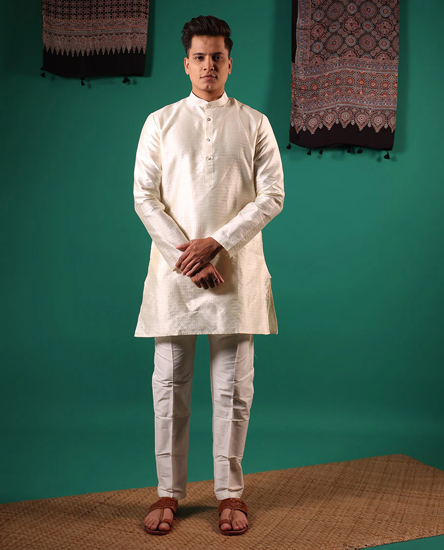 Cream unique patterns embossed full-sleeved men's kurta set - Image 3