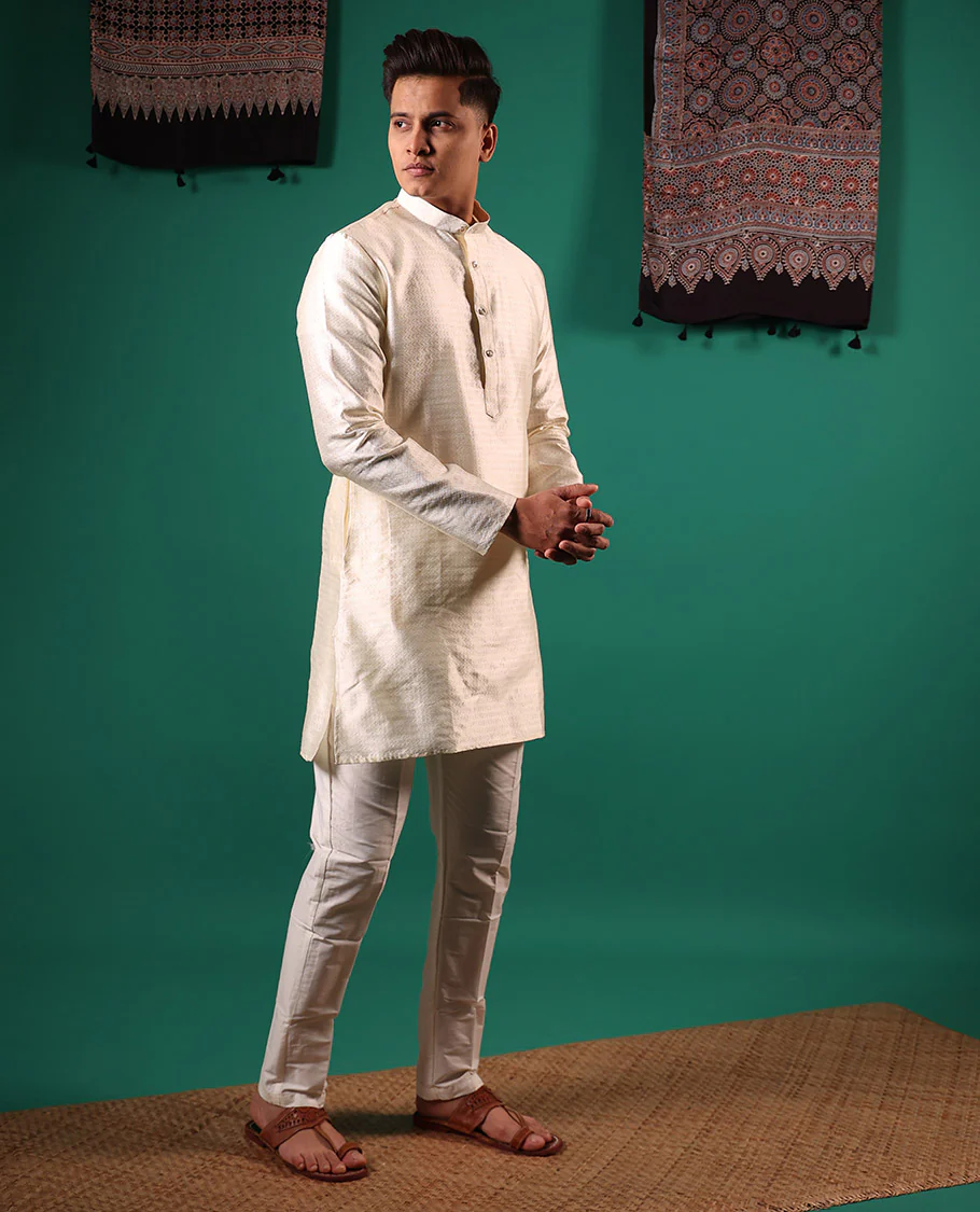 Cream unique patterns embossed full-sleeved men's kurta set - Image 4