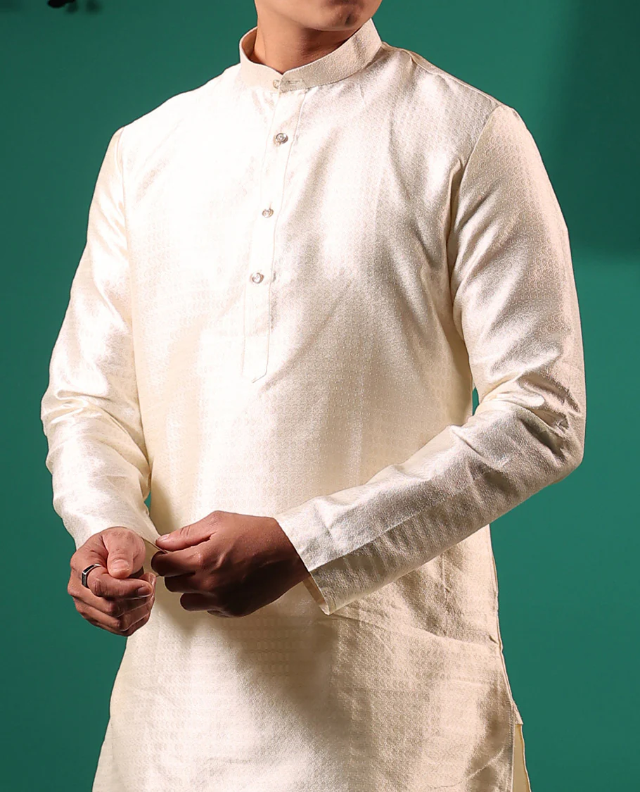 Cream unique patterns embossed full-sleeved men's kurta set - Image 5