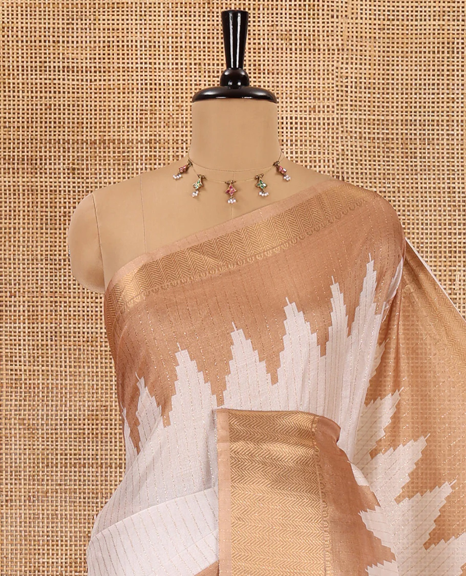Cream vertical striped dola silk saree, contrast temple traditional zari design border, striped pallu, and a matching blouse - Image 2