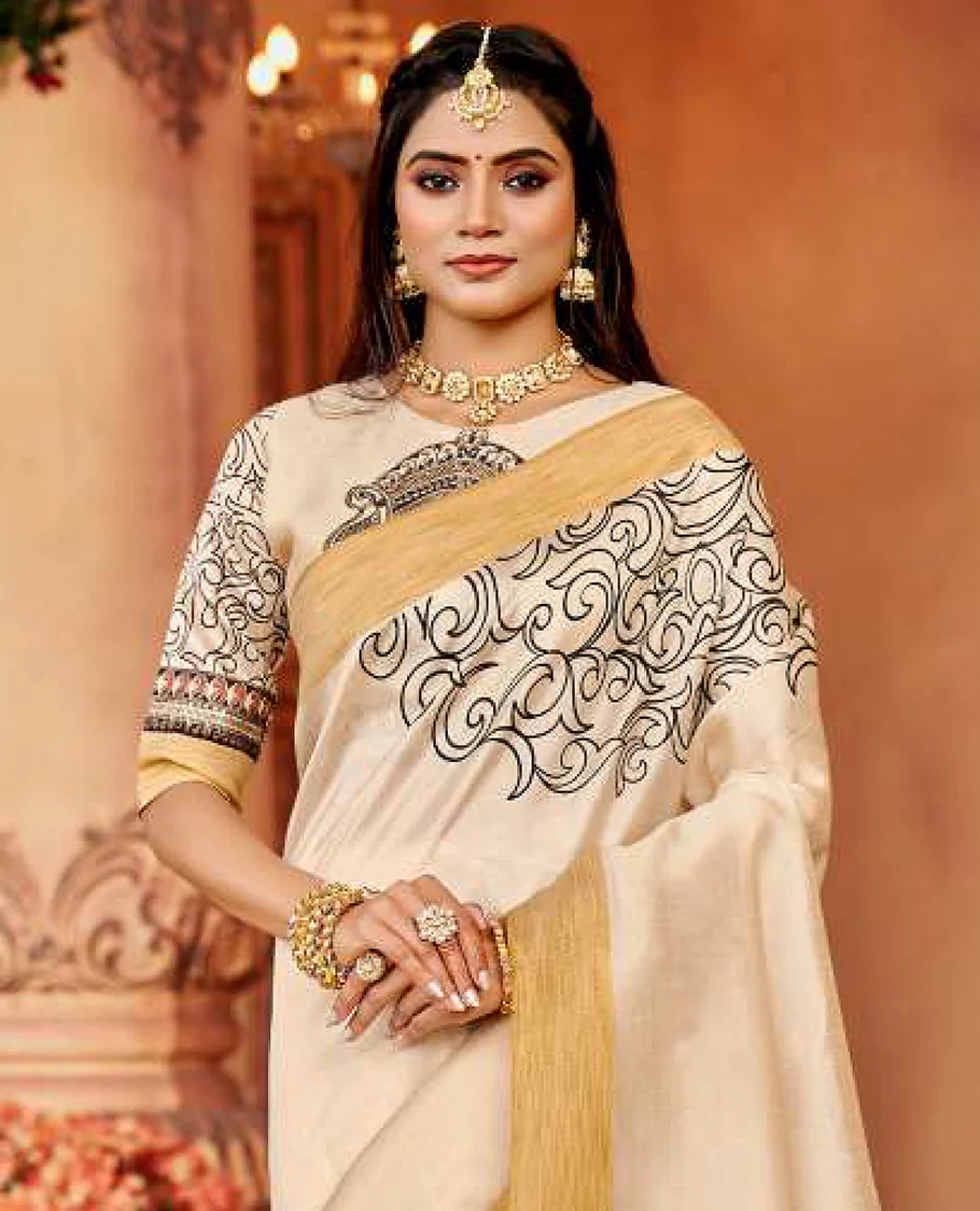 Cream vine designer catalog saree, bavanji border, and pallu of Durga face motifs - Image 2