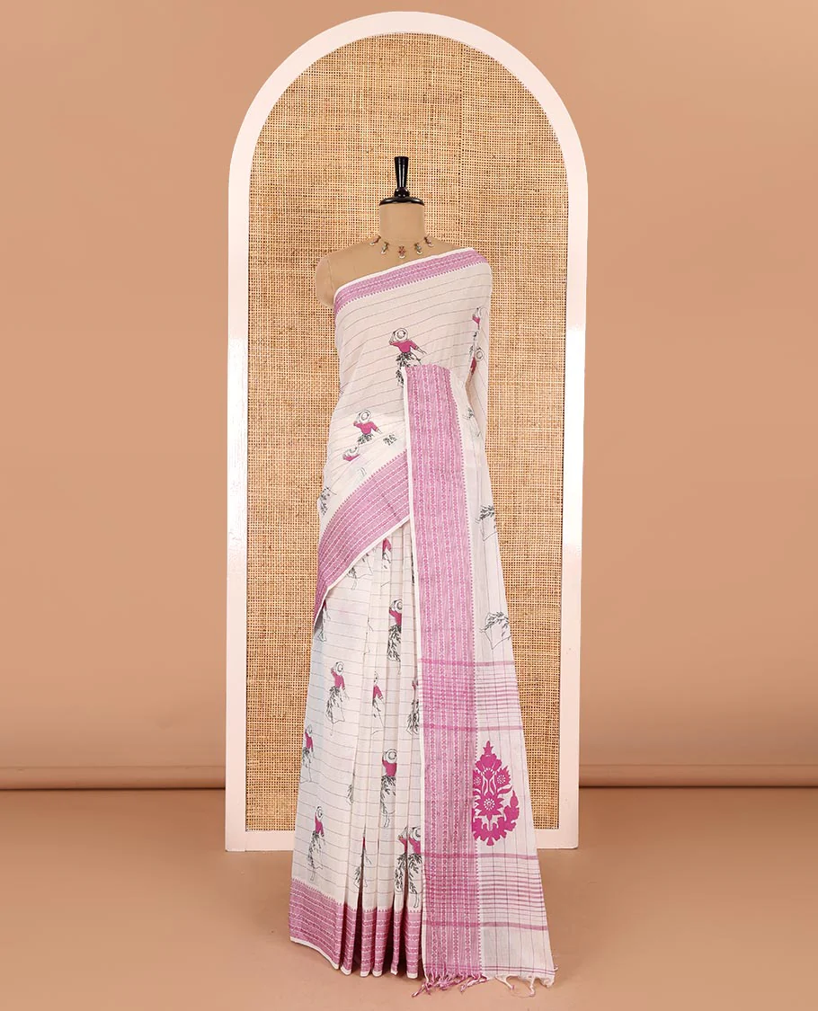 Cream-violet horizontal striped and girl motifs printed Mangalagiri cotton saree, traditional motifs woven border, printed pallu, and a contrast blouse - Image 2