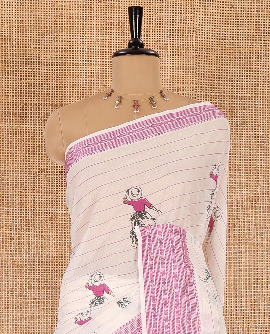 Cream-violet horizontal striped and girl motifs printed Mangalagiri cotton saree, traditional motifs woven border, printed pallu, and a contrast blouse - Image 3