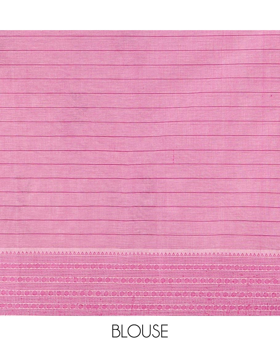 Cream-violet horizontal striped and girl motifs printed Mangalagiri cotton saree, traditional motifs woven border, printed pallu, and a contrast blouse - Image 4