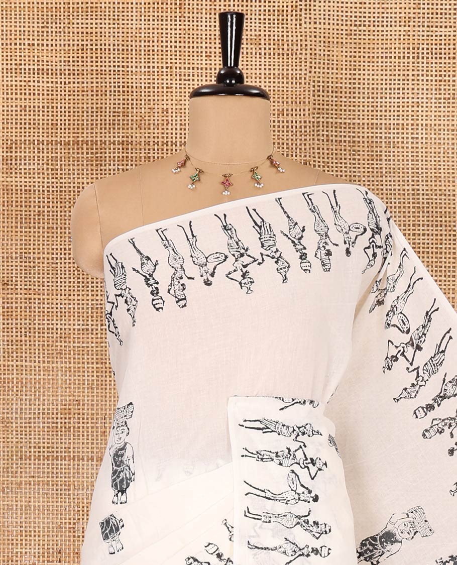 Cream warli-style human motifs block printed mul cotton saree, warli block printed border, warli block printed pallu, and a matching blouse - Image 2