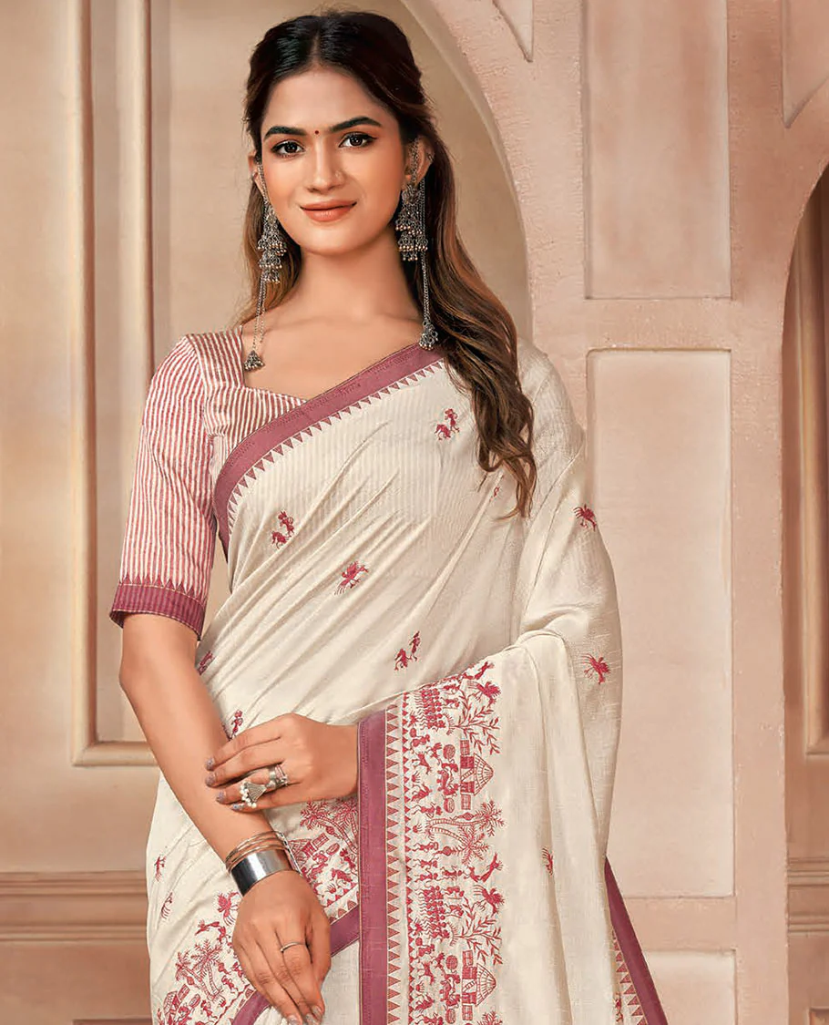 Cream warli village-theme motifs embroidered designer saree, contrast temple border, and pallu of stripes - Image 2