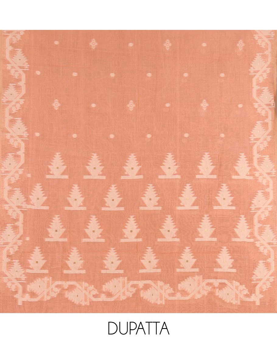 Cream with peach semi-chanderi material churidar set, floral jaal jacquard top, contrast taffeta silk bottom, and jamdani style dupatta - Image 2