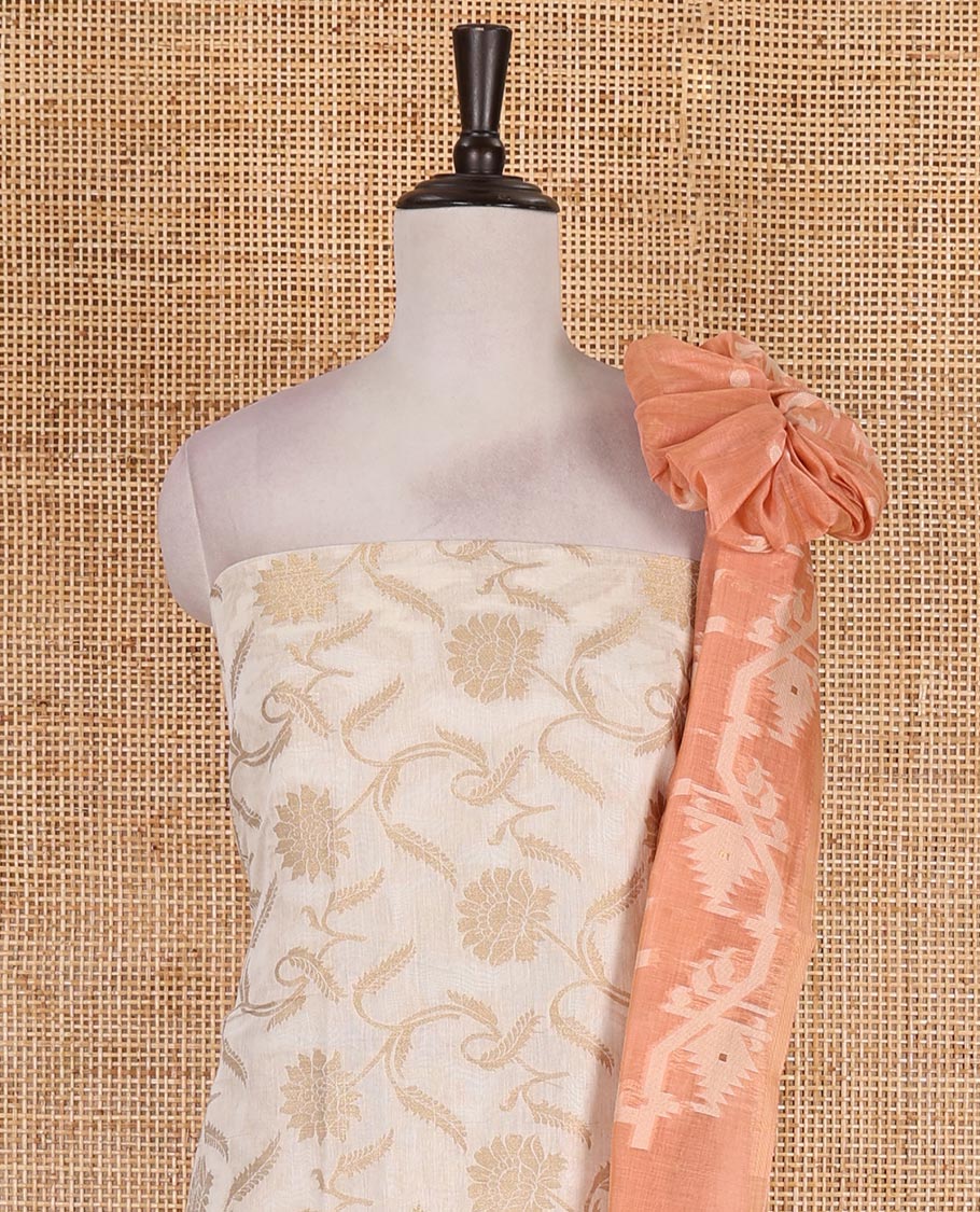 Cream with peach semi-chanderi material churidar set, floral jaal jacquard top, contrast taffeta silk bottom, and jamdani style dupatta - Image 3