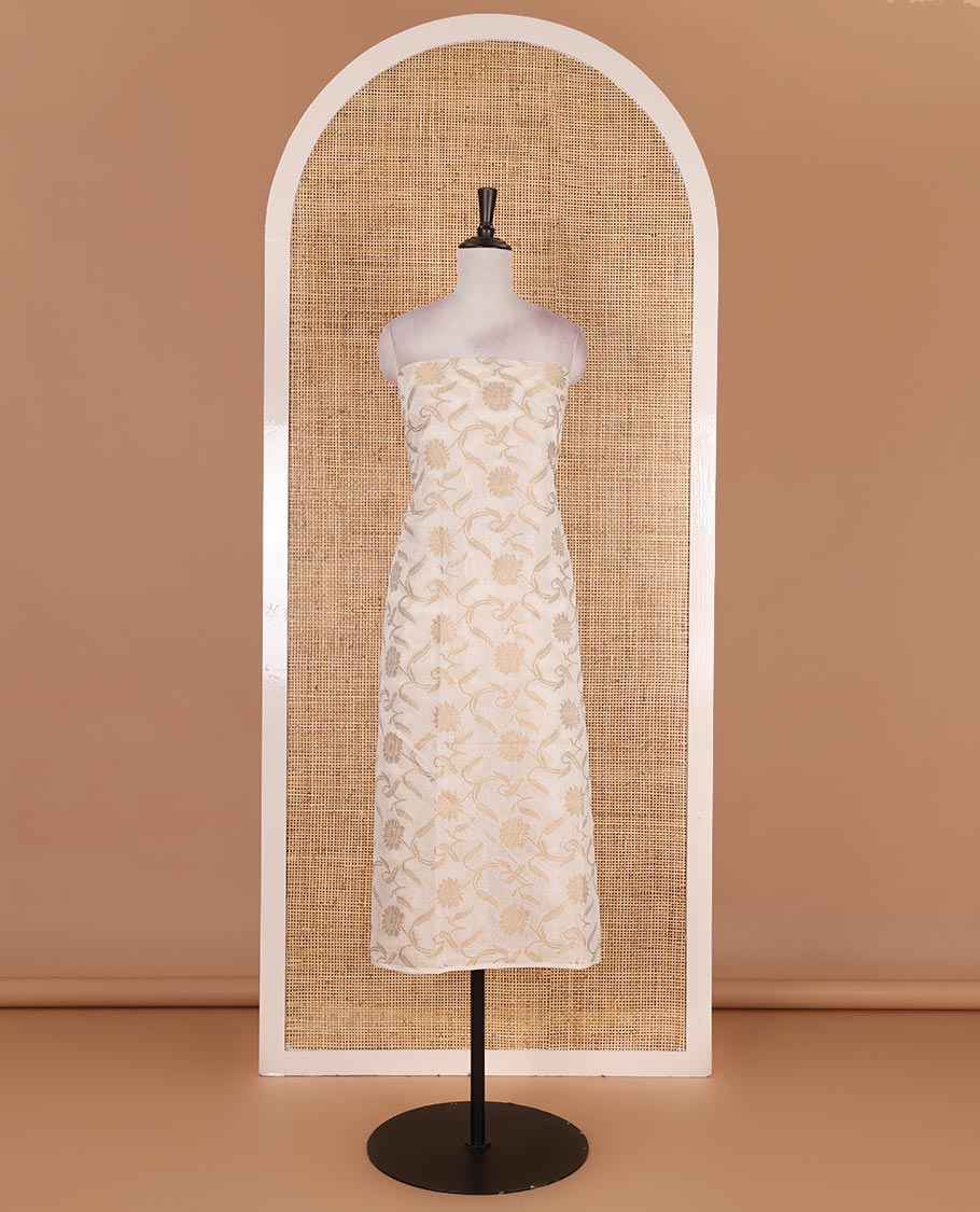 Cream with peach semi-chanderi material churidar set, floral jaal jacquard top, contrast taffeta silk bottom, and jamdani style dupatta - Image 4