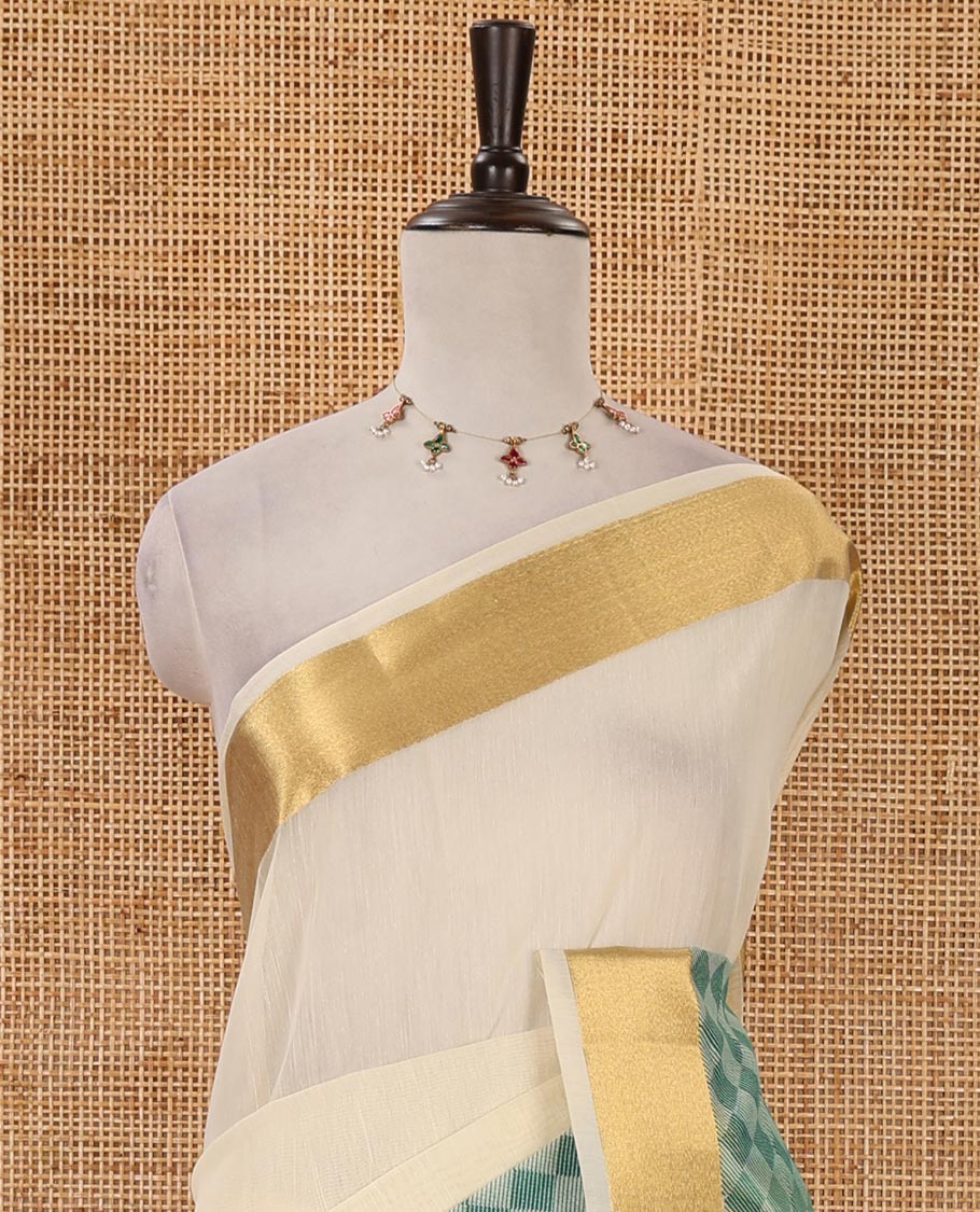 Cream with rama green kerala cotton saree , diamond style printed with gold zari tissue bawanchi border & diamond pattern printed pallu with plain blouse - Image 3