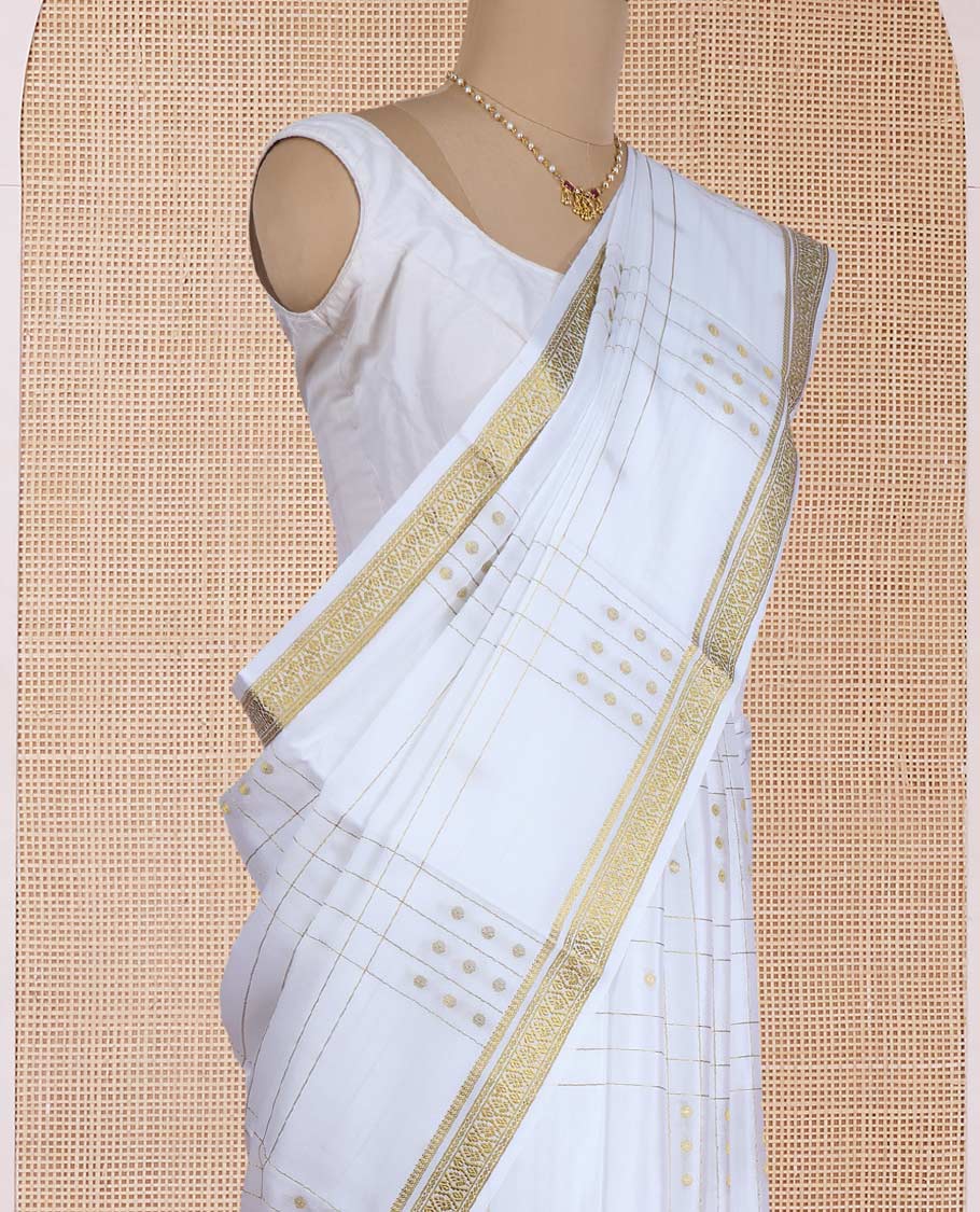 Cream zari buttas and zari checked Mysore silk saree, traditional zari design border, and zari striped pallu - Image 3