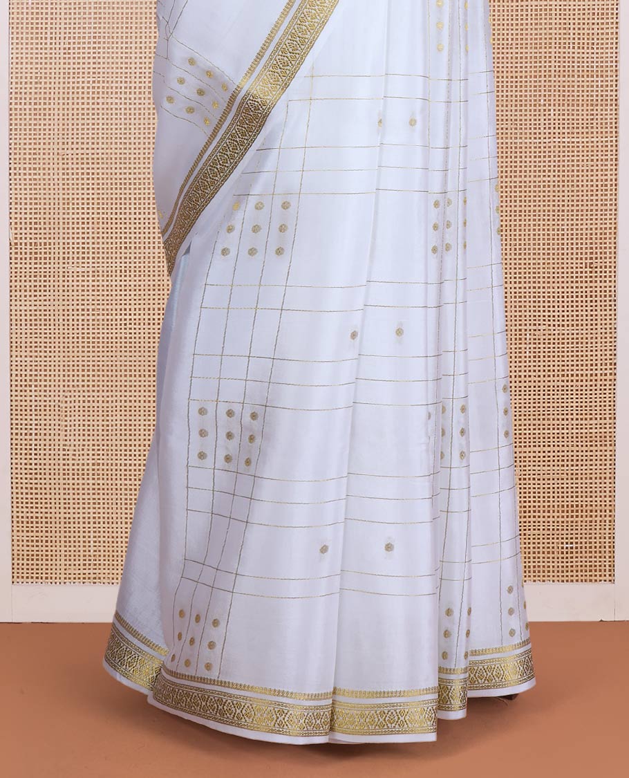 Cream zari buttas and zari checked Mysore silk saree, traditional zari design border, and zari striped pallu - Image 4