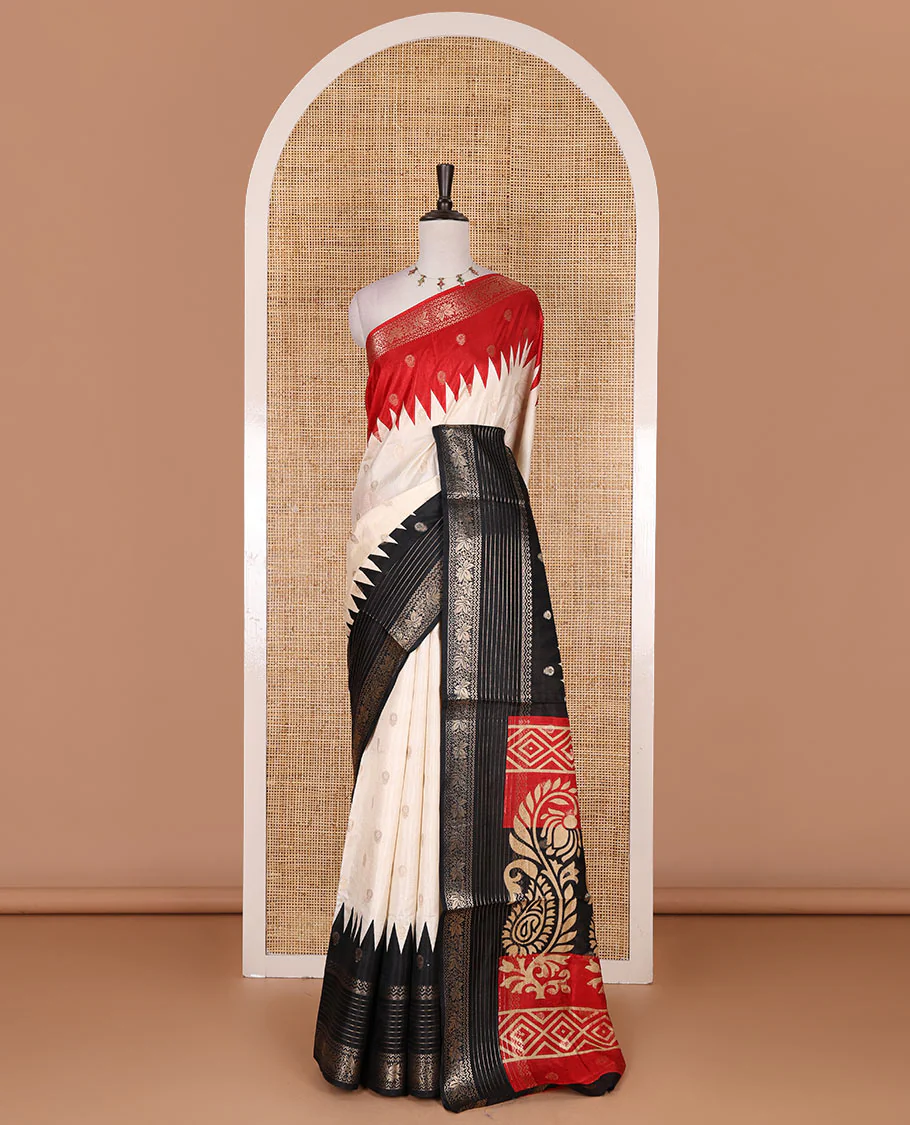 Cream zari buttas dola silk saree, contrast red-black temple ganga jamuna traditional zari border, paisley pallu, and contrast zari design blouse - Image 2