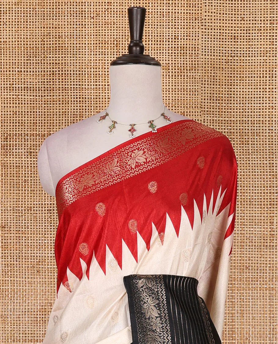 Cream zari buttas dola silk saree, contrast red-black temple ganga jamuna traditional zari border, paisley pallu, and contrast zari design blouse - Image 3