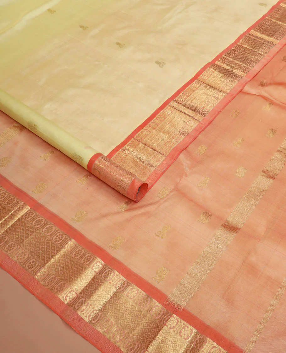 Cream zari buttas Kanchipuram silk saree, contrast one-sided border of banaras, chakram, and mayil kann designs, and zari design pallu - Image 2