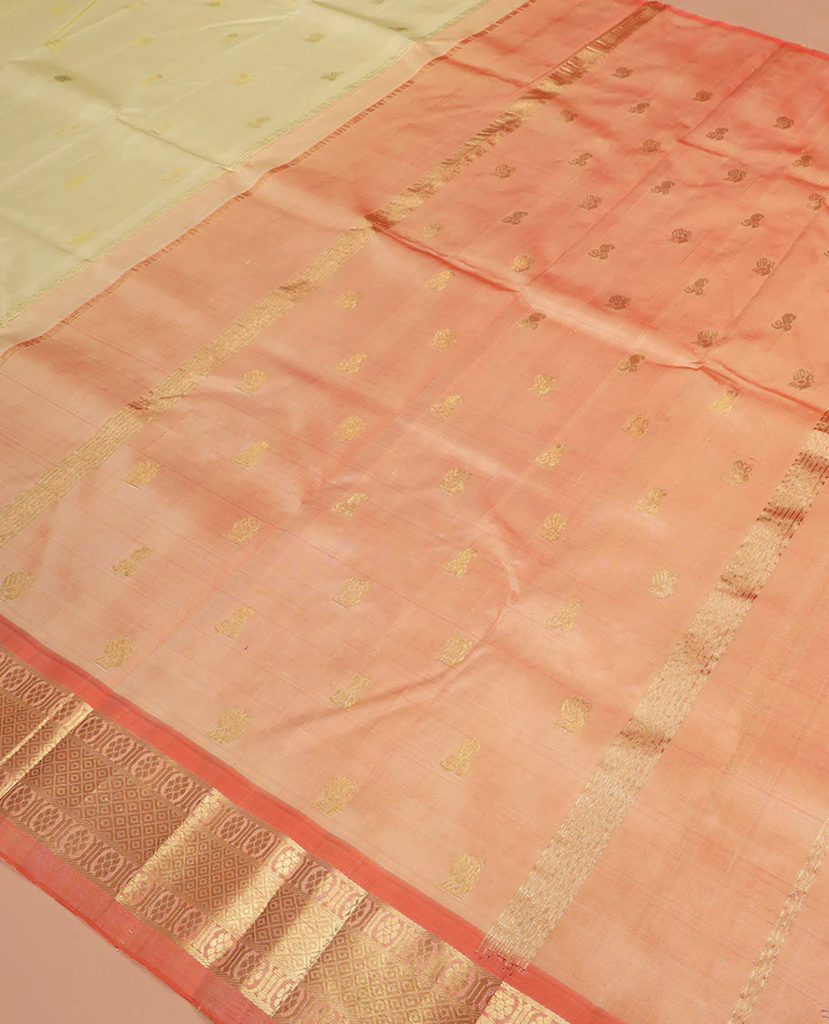 Cream zari buttas Kanchipuram silk saree, contrast one-sided border of banaras, chakram, and mayil kann designs, and zari design pallu - Image 5