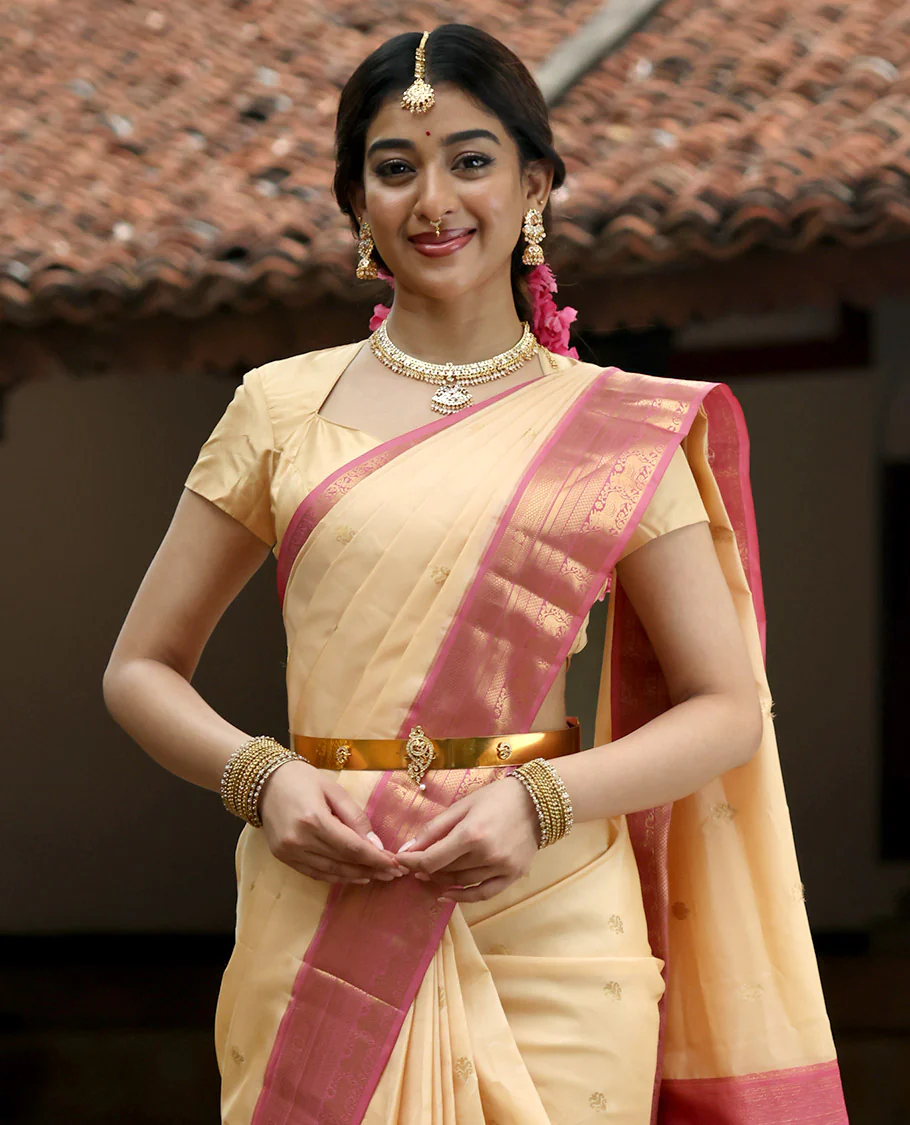 Cream Zari buttas Vasundhara elite silk saree, contrast border of mayil kann designs, intricate pallu, and Contrast plain blouse - Image 2