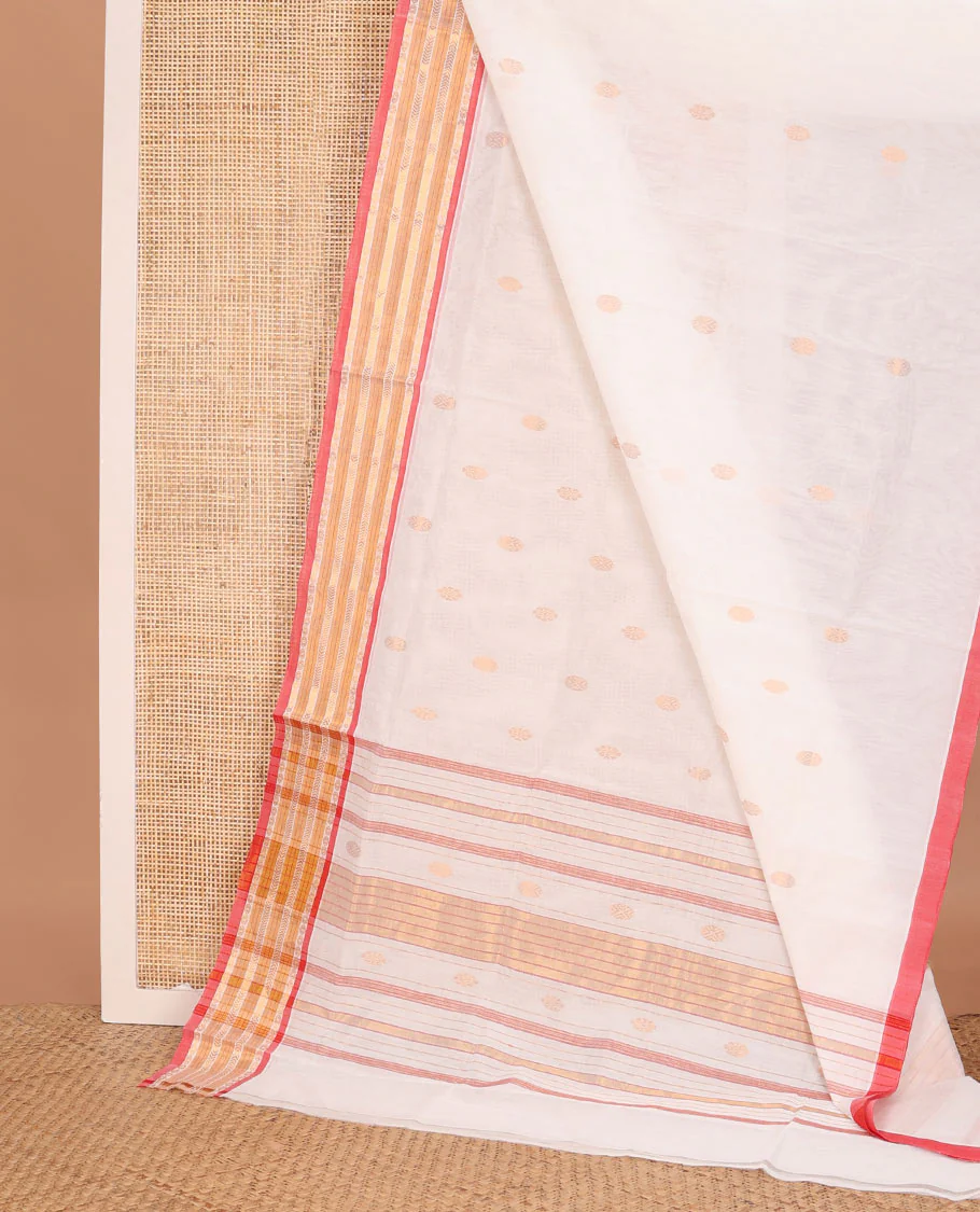 Cream zari buttas Venkatagiri cotton saree, contrast traditional zari border, and zari striped pallu - Image 2