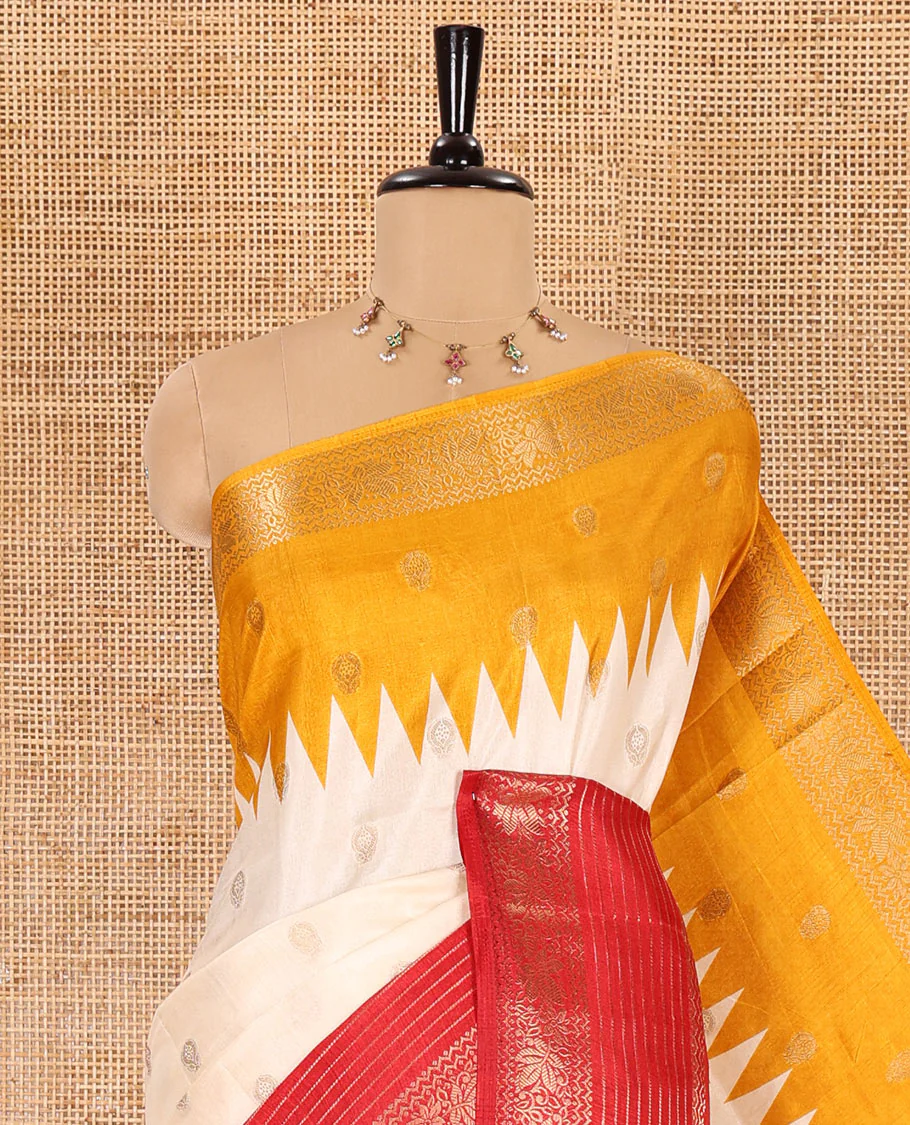 Cream zari buttas woven dola silk saree with contrast red-yellow ganga jamuna traditional zari border, paisley motifs pallu, and a contrast zari blouse - Image 2