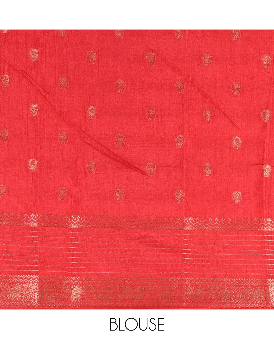 Cream zari buttas woven dola silk saree with contrast red-yellow ganga jamuna traditional zari border, paisley motifs pallu, and a contrast zari blouse - Image 3