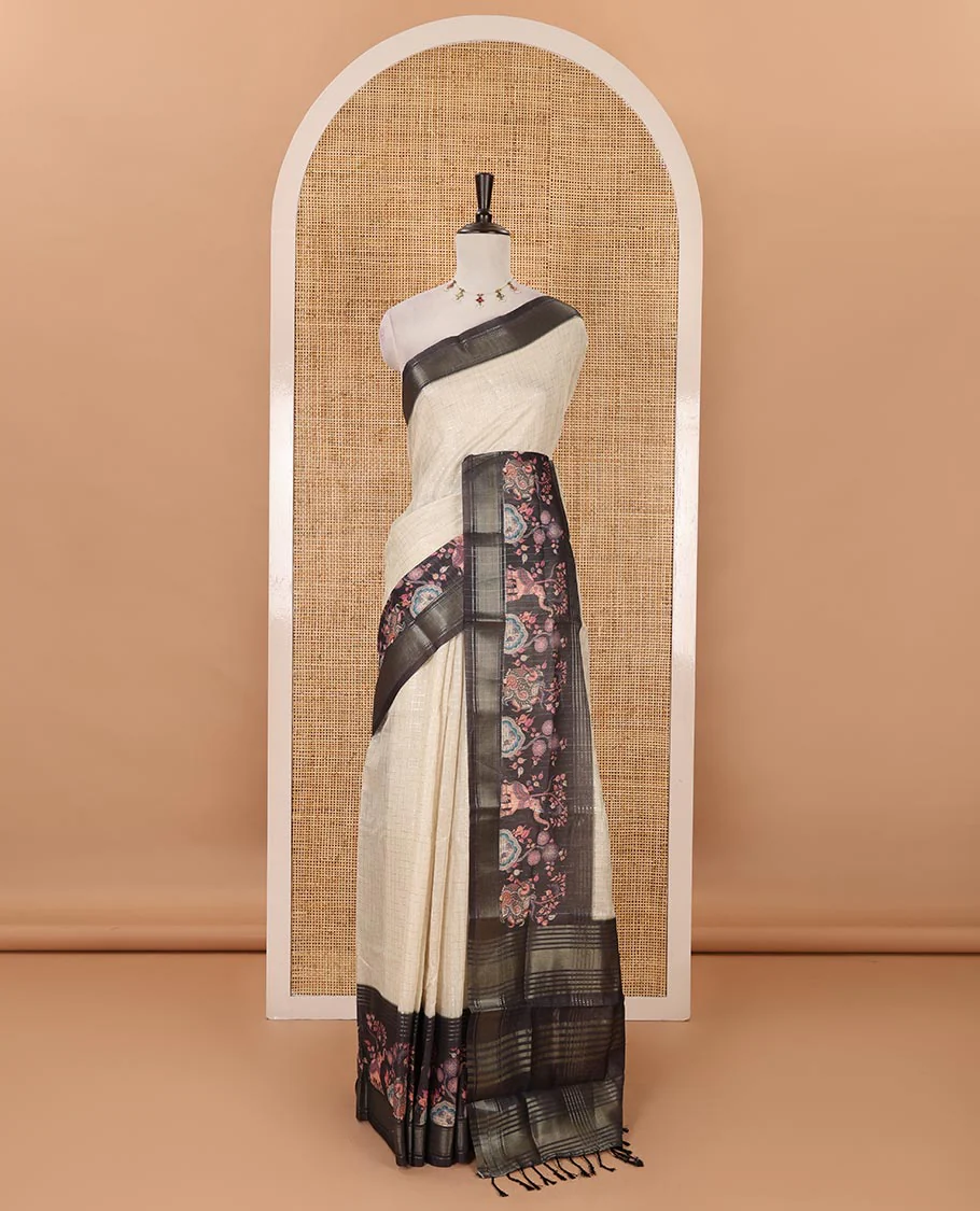 Cream zari checked tissue saree, contrast elephant & peacock printed zari border & pallu of zari stripes & contrast zari design blouse - Image 2