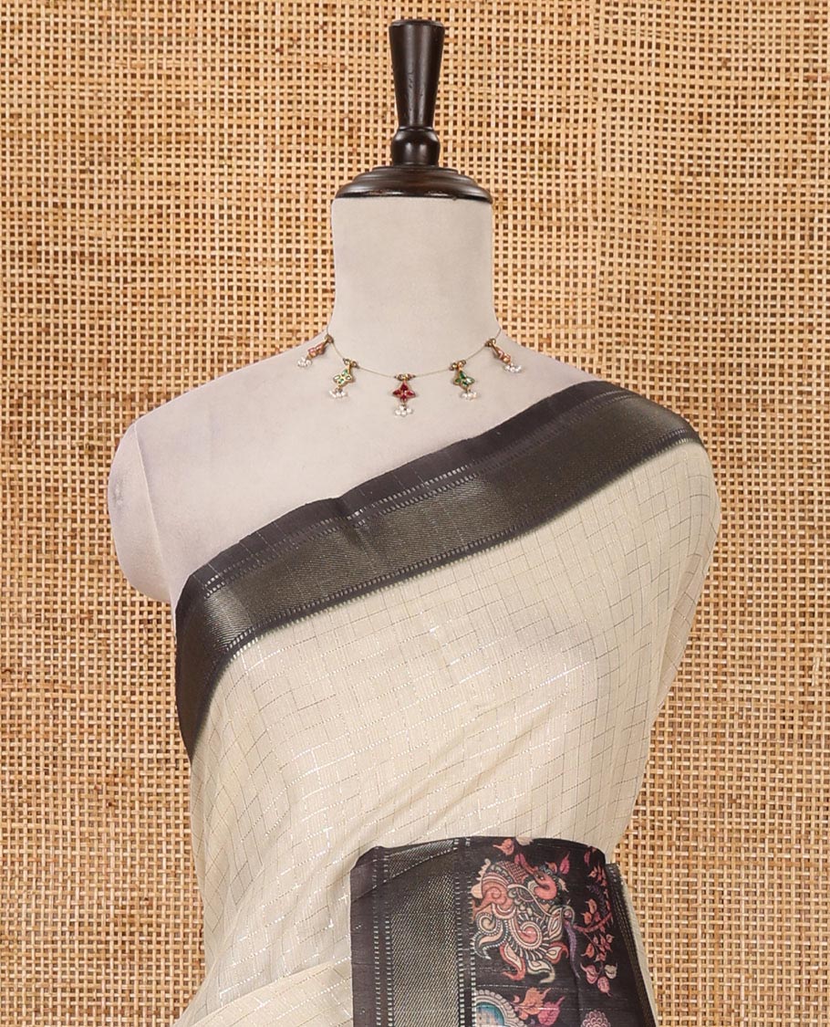 Cream zari checked tissue saree, contrast elephant & peacock printed zari border & pallu of zari stripes & contrast zari design blouse - Image 3