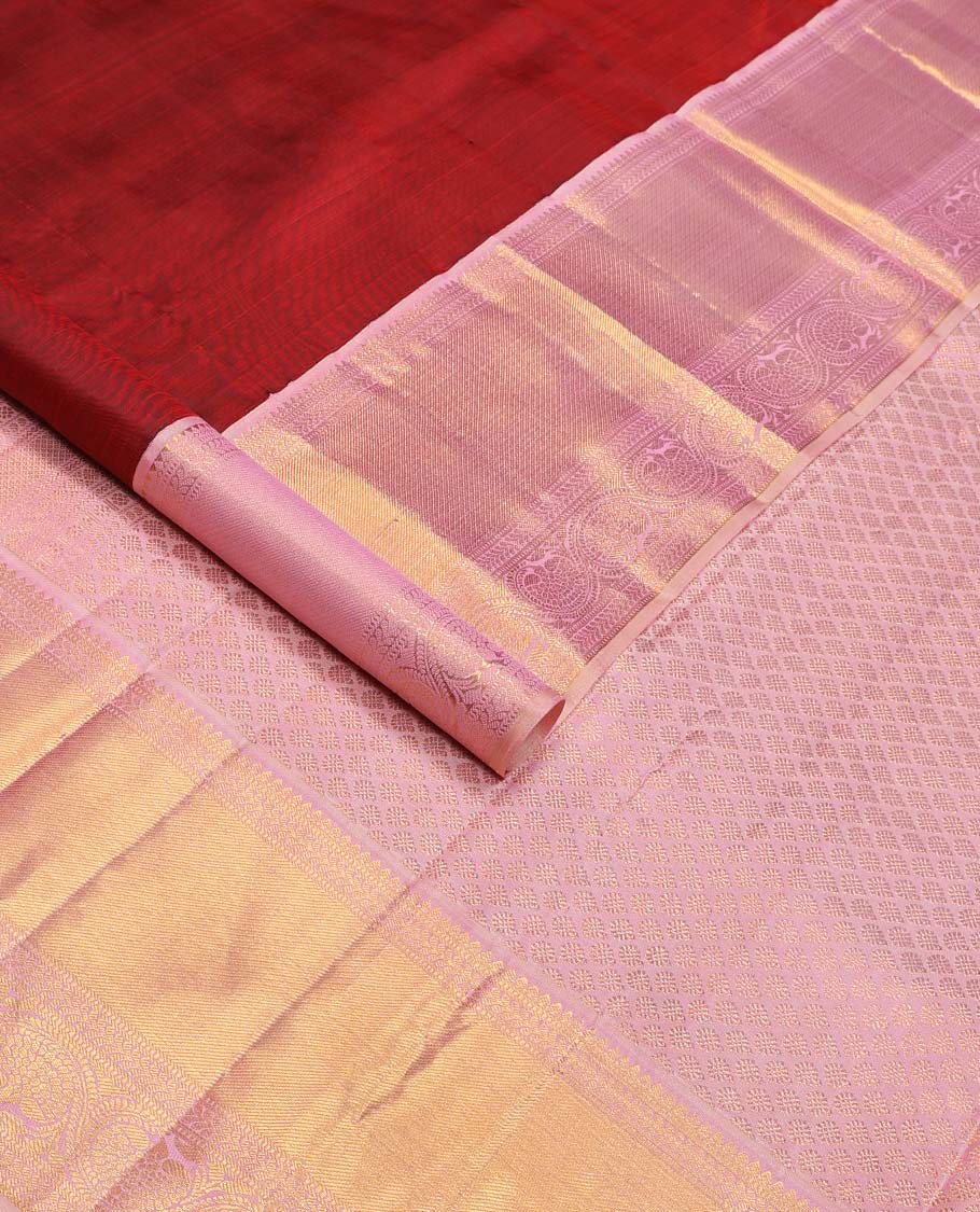 Crimson red floral buttas Kanchipuram korvai silk saree, contrast neer korvai border of thilakam mokku, muthu, kathir, and kodi visiry designs, and zari woven pallu - Image 2
