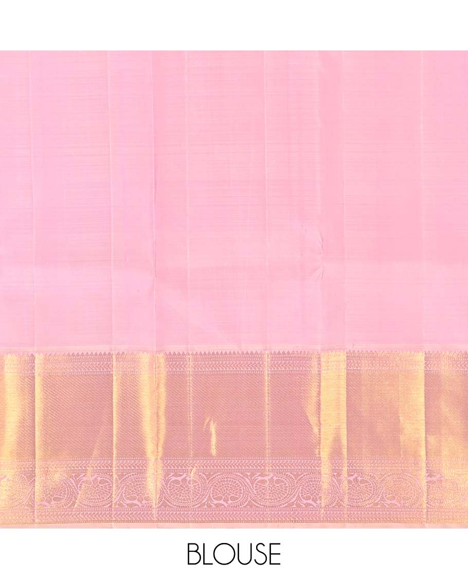 Crimson red floral buttas Kanchipuram korvai silk saree, contrast neer korvai border of thilakam mokku, muthu, kathir, and kodi visiry designs, and zari woven pallu - Image 6