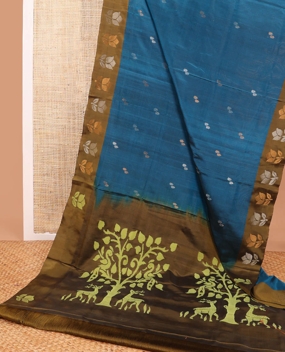 Dark blue floral design uppada saree with contrast flower design border & forest theme design pallu - Image 2