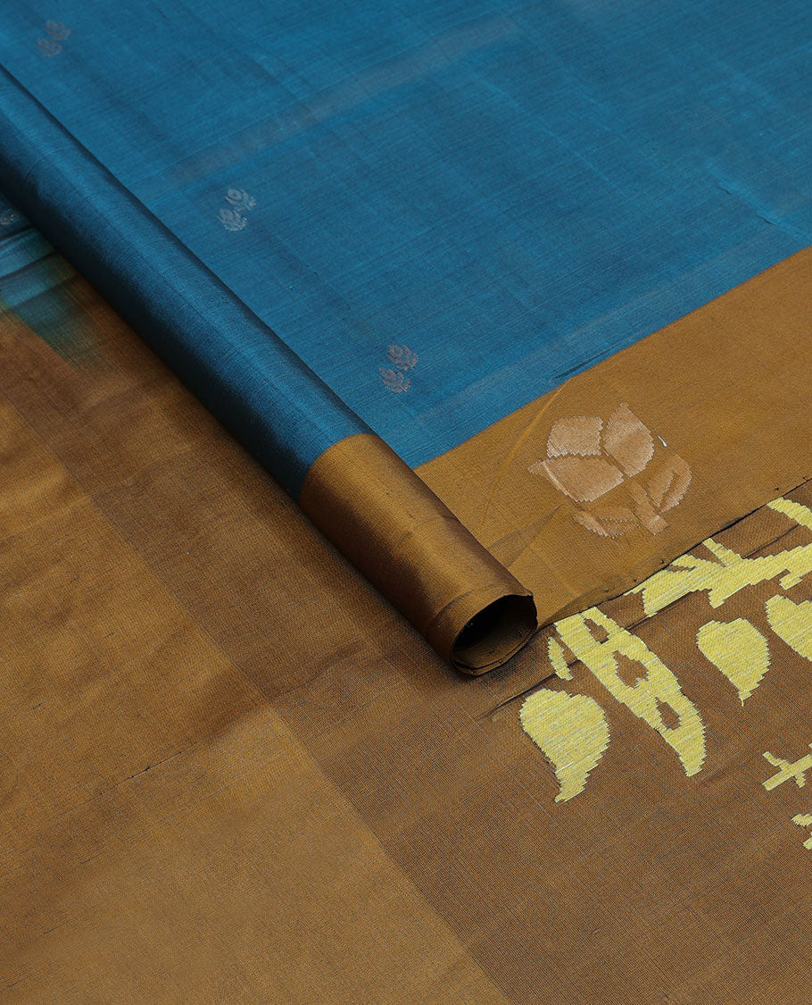 Dark blue floral design uppada saree with contrast flower design border & forest theme design pallu - Image 3