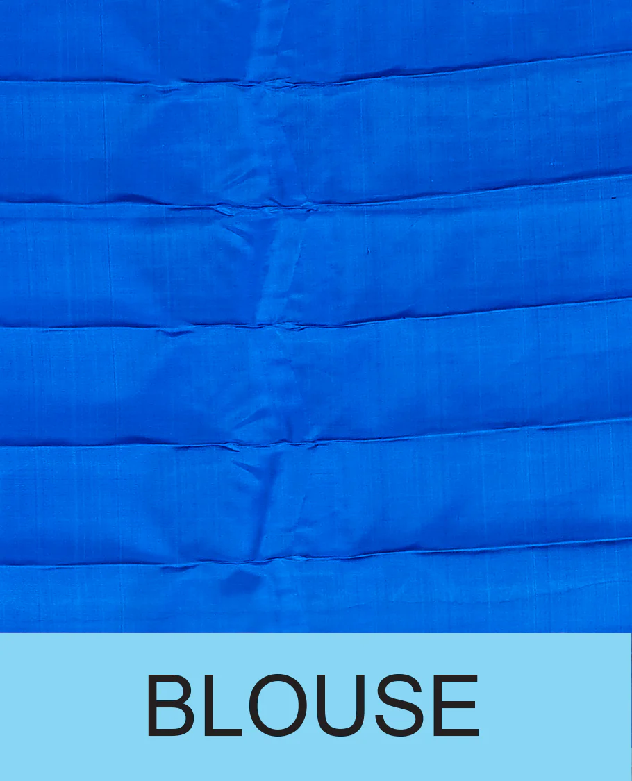 Dark blue gadwal saree with all-over floral buttas, contrast border & pallu of peacock , paisley & intricate floral ogee - Image 5