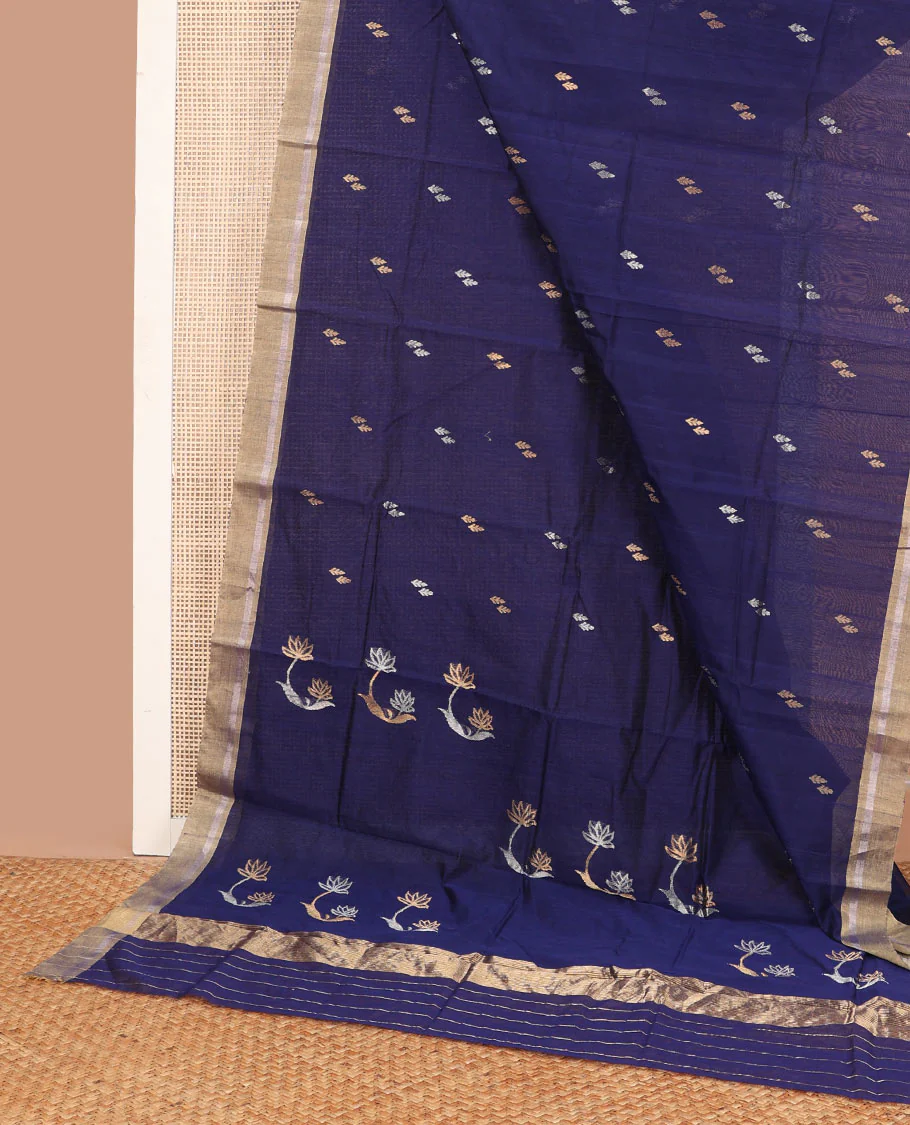 Dark blue leaf design chanderi cotton saree with contrast zari border & lotus design, striped pallu - Image 2