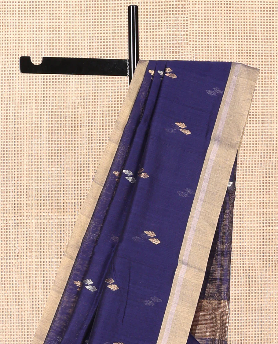 Dark blue leaf design chanderi cotton saree with contrast zari border & lotus design, striped pallu - Image 3