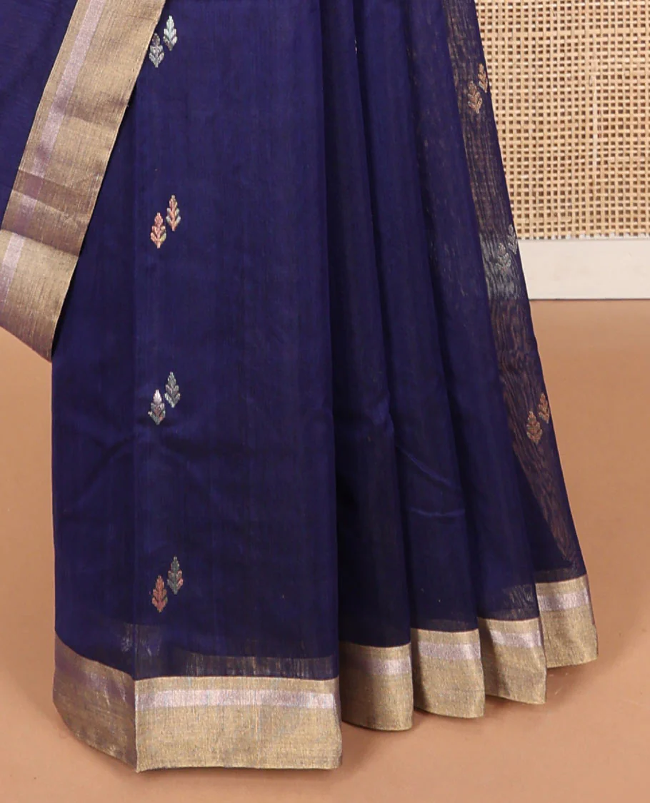 Dark blue leaf design chanderi cotton saree with contrast zari border & lotus design, striped pallu - Image 4