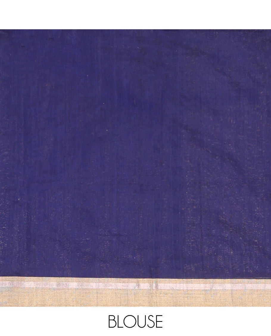 Dark blue leaf design chanderi cotton saree with contrast zari border & lotus design, striped pallu - Image 5