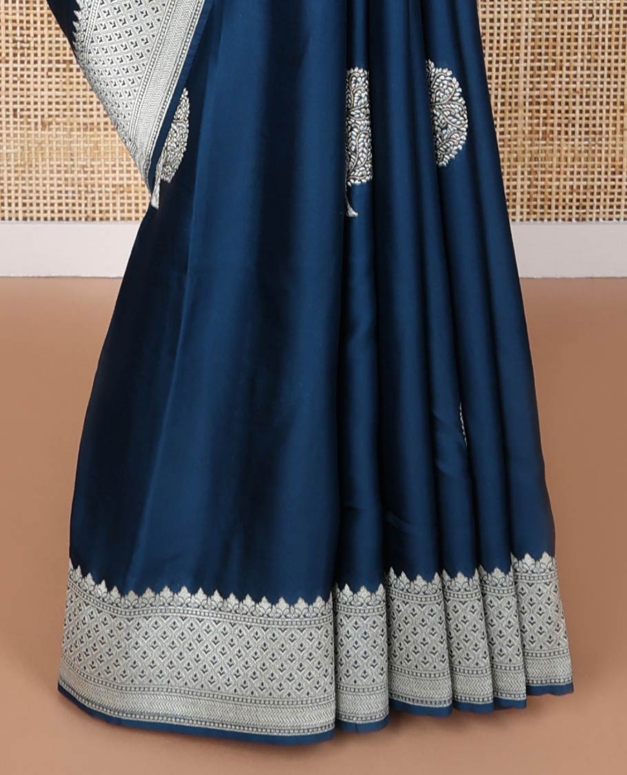 dark blue tree motifs dola silk saree with self intricate zari design border & floral jaal design pallu - Image 4