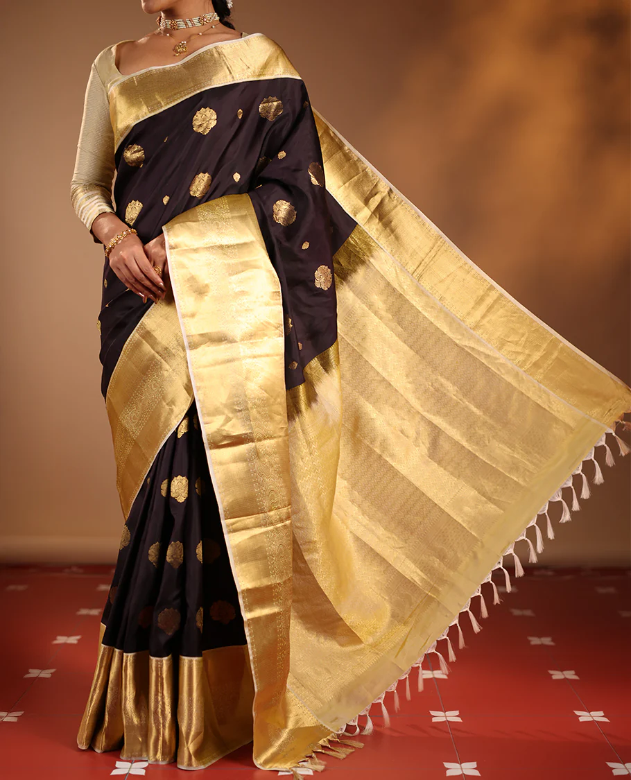 Dark Chocolate Brown Vasundhara Silk Saree Highlighted with Zari Buttas, Decked Up with a Contrast Border Featuring Rekku, Mayil Kann, Mayil, and Rudraksham Designs, Zari-Elevated Pallu, and Complemented with a Zari-Embellished Blouse - Image 2