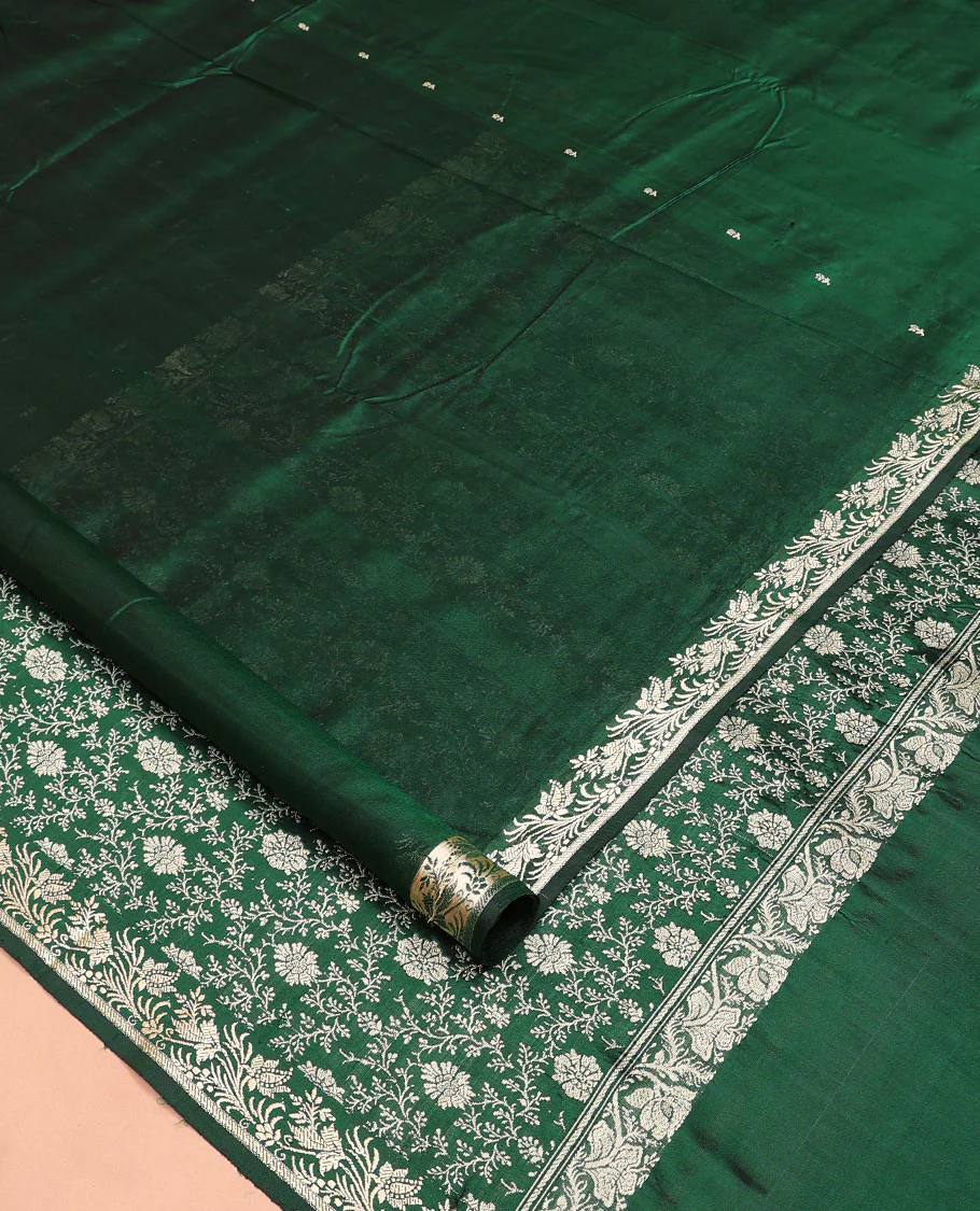 Dark green buttas kathan silk saree, floral creeper border, and Mughal-style floral jaal pallu - Image 2