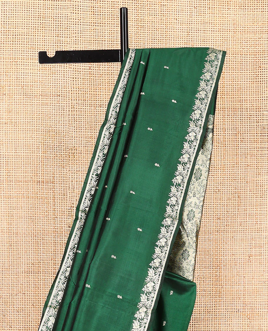 Dark green buttas kathan silk saree, floral creeper border, and Mughal-style floral jaal pallu - Image 4