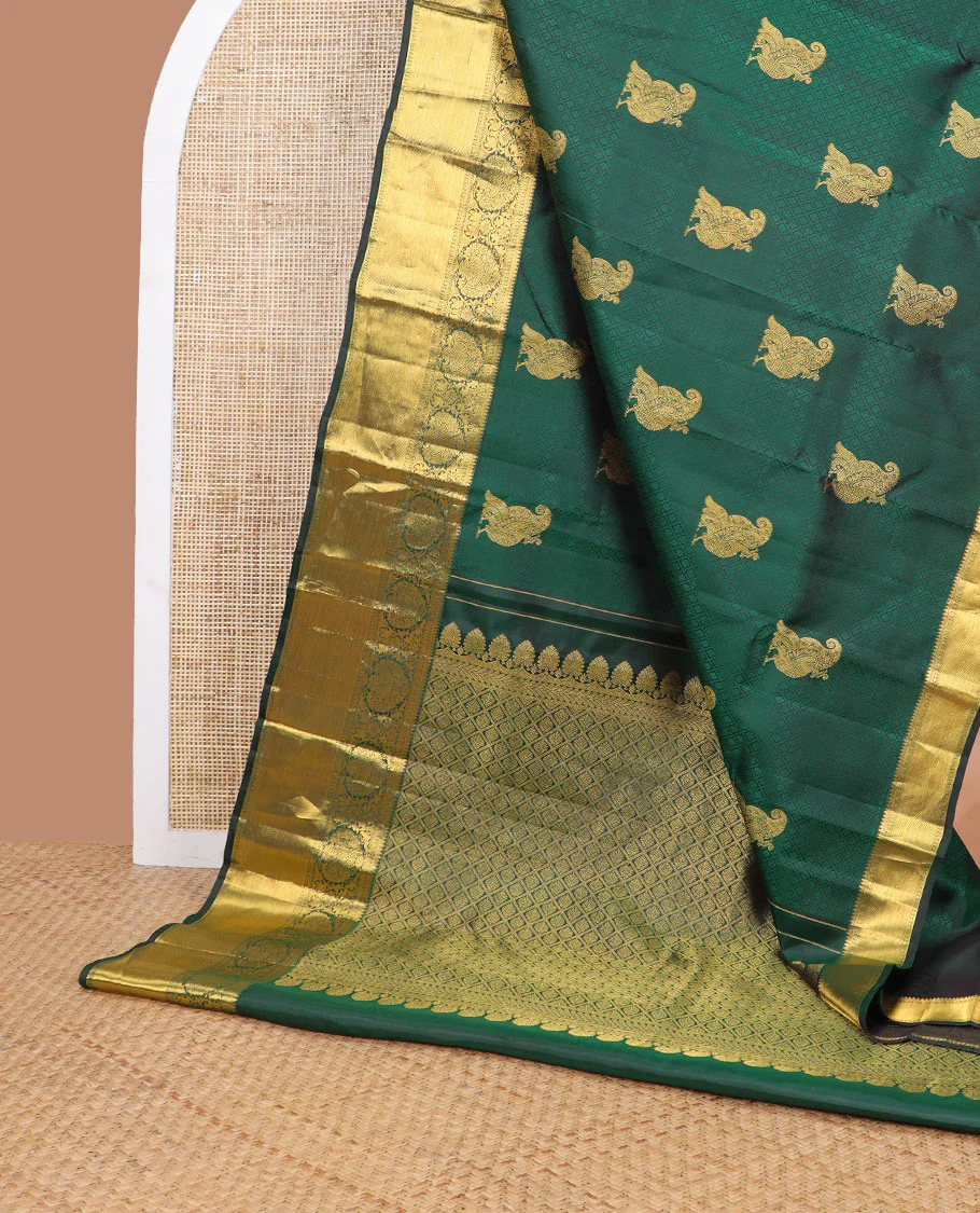 Dark green embossed & mayil buttas Parampara silk saree, self-border of thilakam mokku, muthu, poun, banaras design & jaal pallu - Image 3