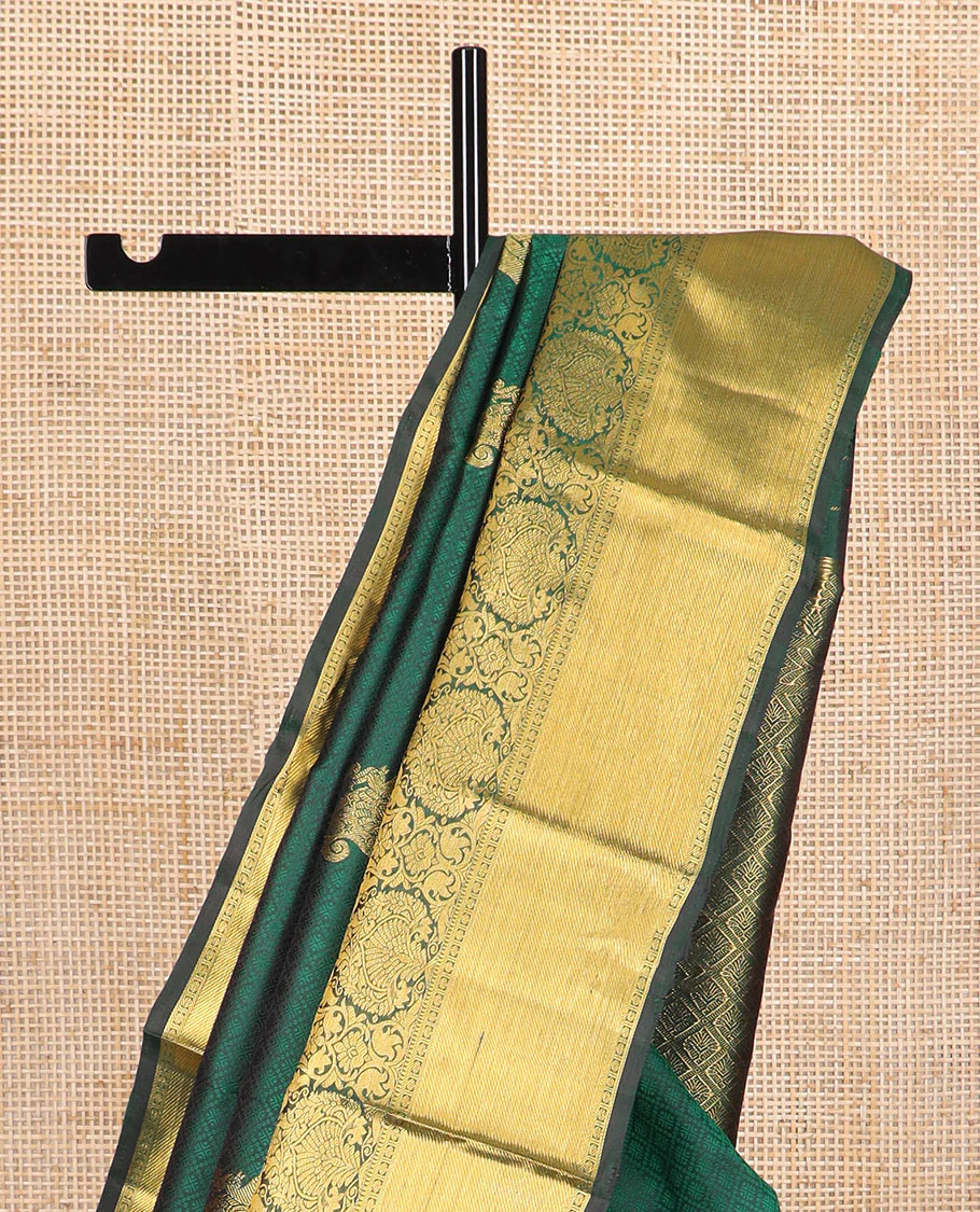 Dark green embossed & mayil buttas Parampara silk saree, self-border of thilakam mokku, muthu, poun, banaras design & jaal pallu - Image 4
