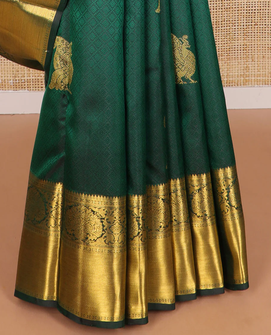 Dark green embossed & mayil buttas Parampara silk saree, self-border of thilakam mokku, muthu, poun, banaras design & jaal pallu - Image 5