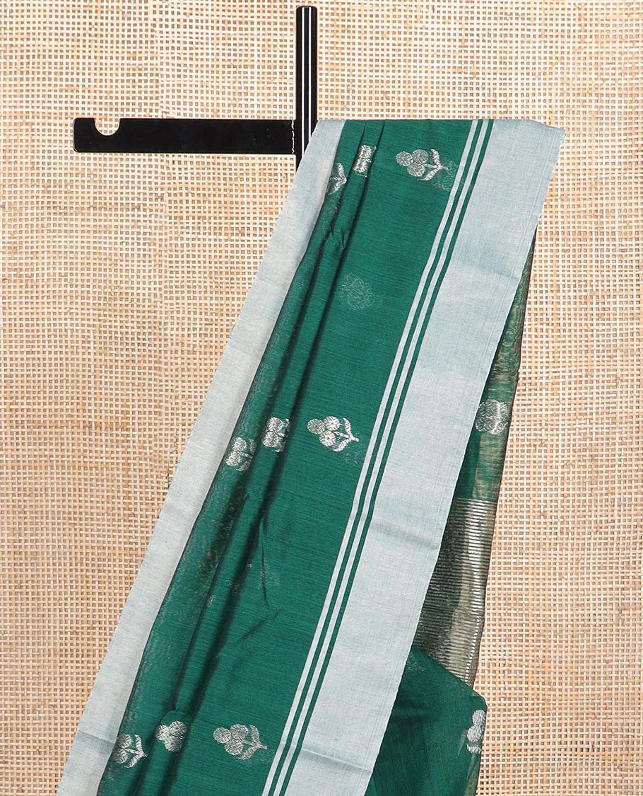 Dark green floral design chanderi cotton saree with self zari border & striped pallu - Image 3