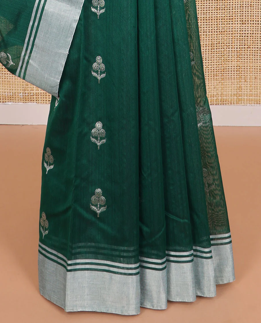 Dark green floral design chanderi cotton saree with self zari border & striped pallu - Image 4